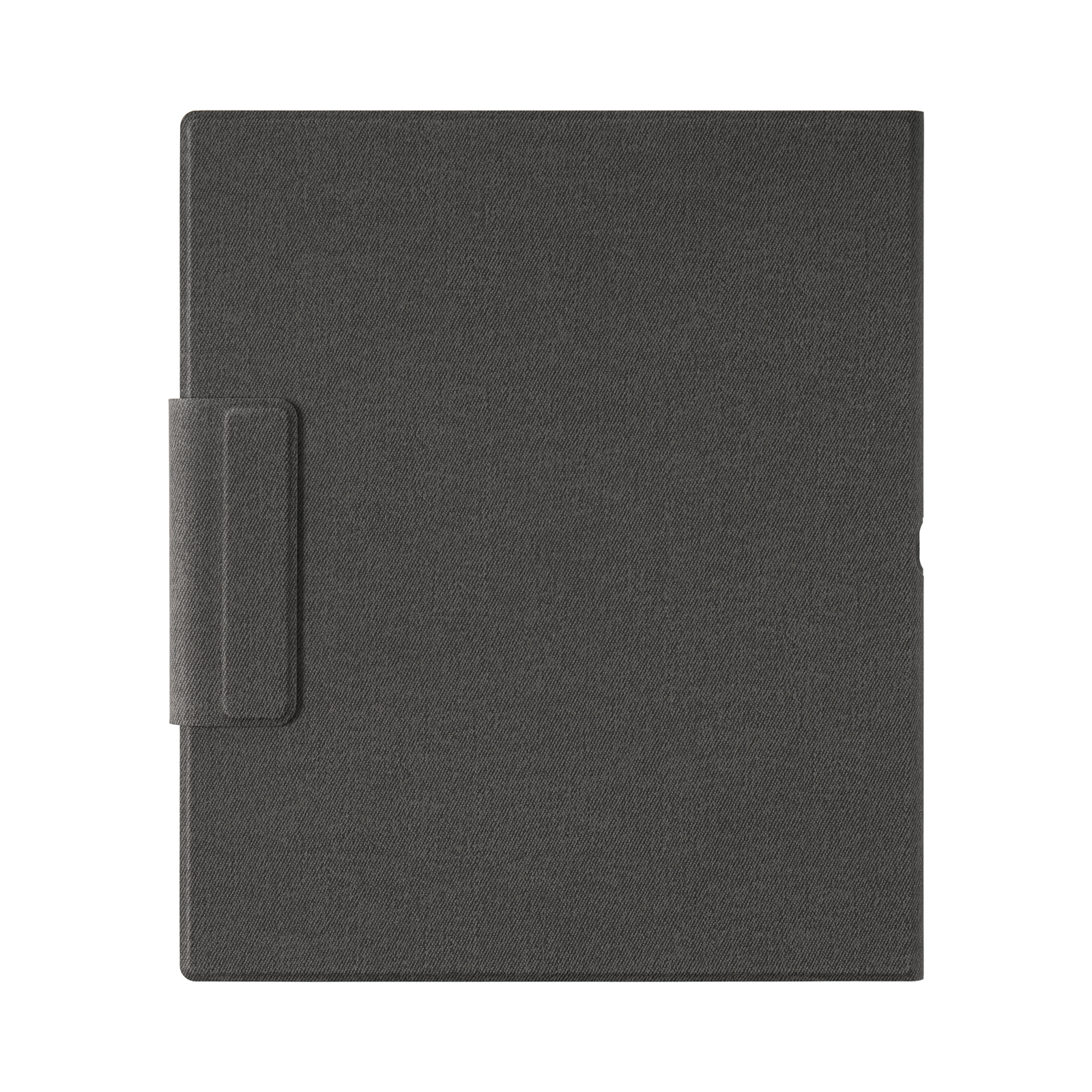 Estuche protector texturizado gris oscuro con solapa izquierda sobre fondo blanco.