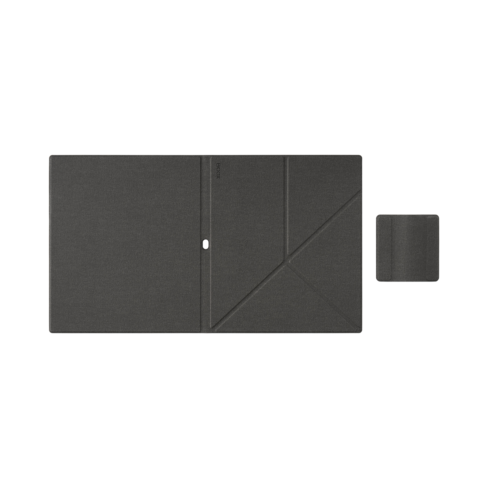 Una funda de tableta gris y plegable con líneas geométricas y un pequeño elemento separado al lado.