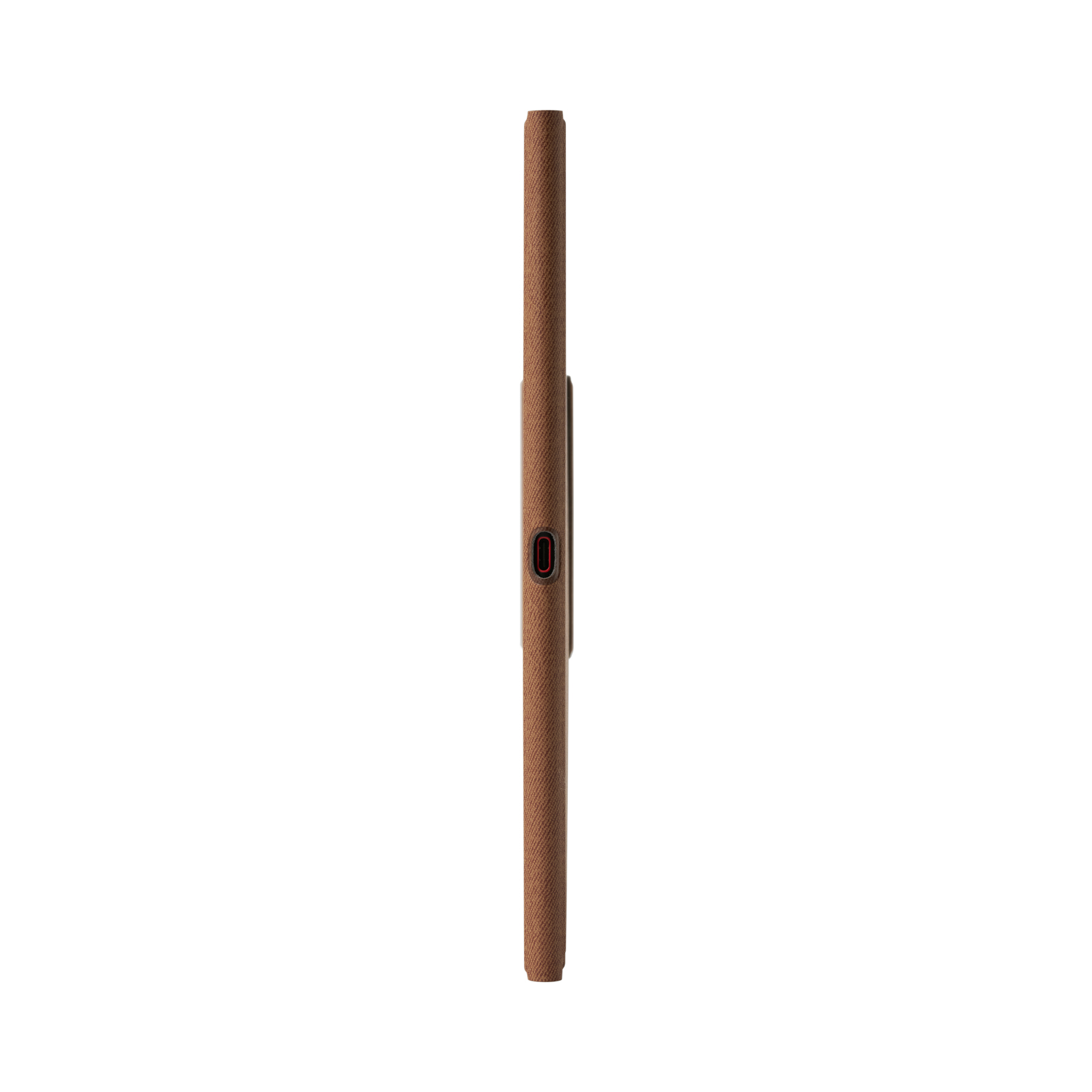 Vista lateral de una funda de teléfono marrón con puerto USB-C.