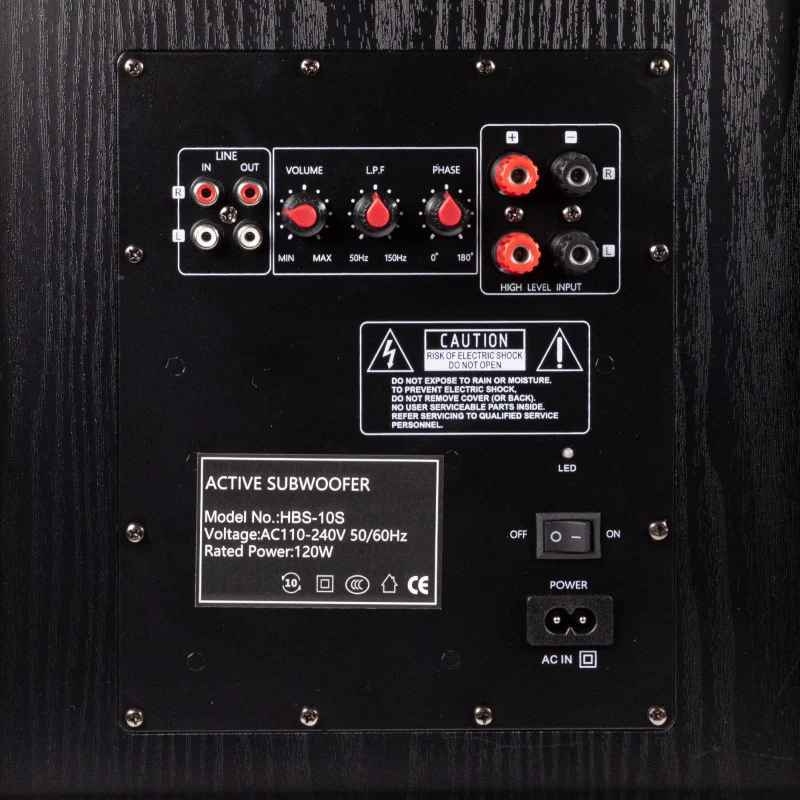 Rückseite eines aktiven Subwoofers mit Anschlüssen, Reglern und Netzschalter.