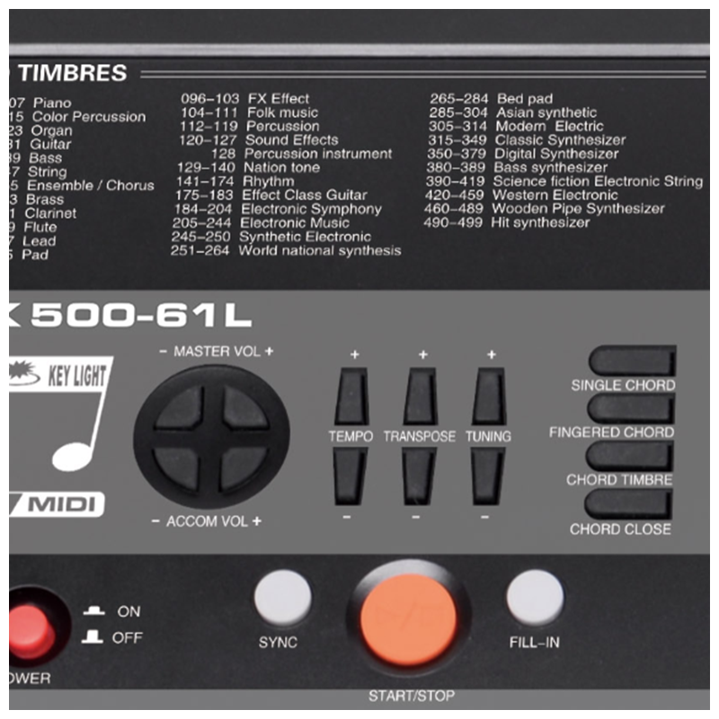 Bedienfeld eines Keyboards mit Timbre-Liste, Reglern für Master- und Accomp-Volume, Tempo, Transpose, Tuning und Tasten.