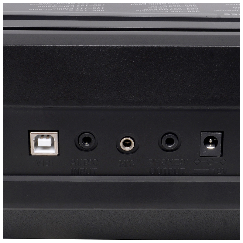 Rückseite eines schwarzen E-Pianos mit MIDI-, Audio-Eingang, Mikrofon-, Kopfhöreranschluss und 12V-Stromversorgung.