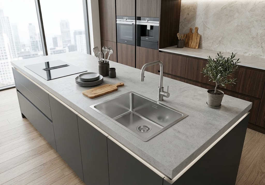 Moderna isola cucina con lavello, piano cottura a induzione, tagliere e vista sulla città.