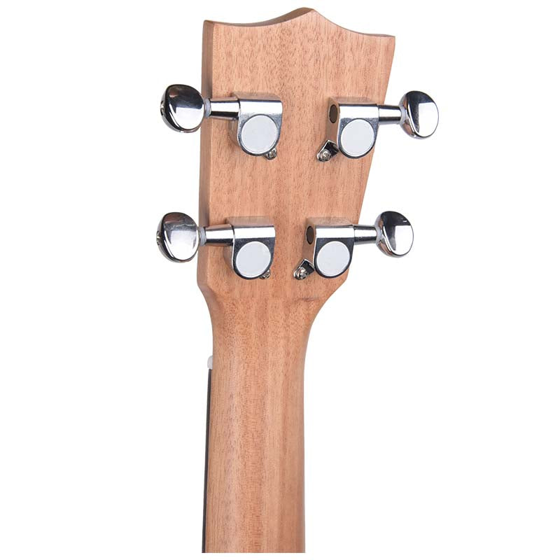 Rückseite einer hellen Holz-Ukulelenkopfplatte mit vier silbernen Stimmwirbeln vor weißem Hintergrund.