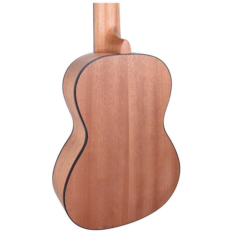 Rückseite einer braunen akustischen Gitarre aus Holz vor weißem Hintergrund.