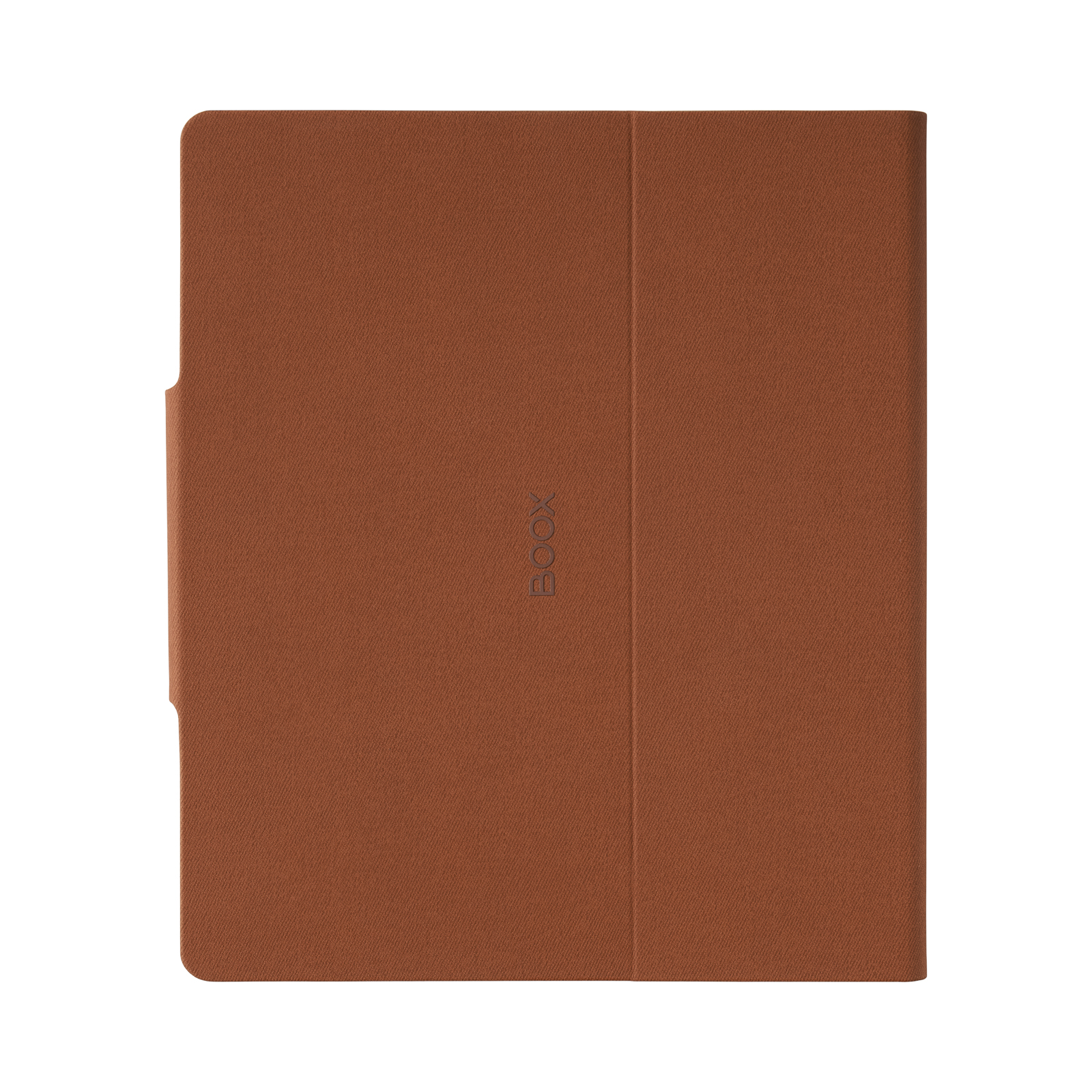 Una funda de tableta de piel sintética marrón con el logotipo BOOX grabado.