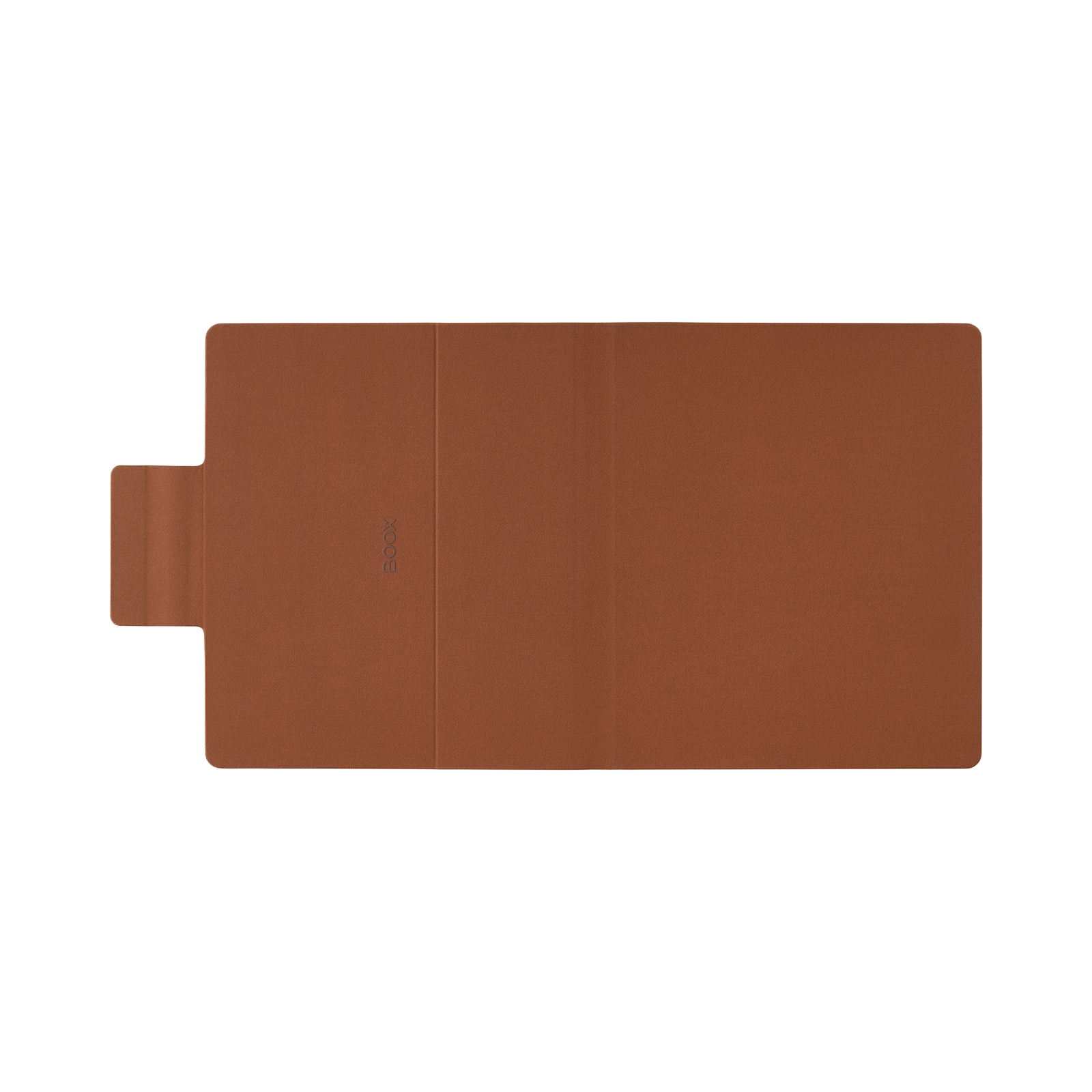 Una funda de tablet de cuero marrón vista desde arriba sobre fondo blanco.