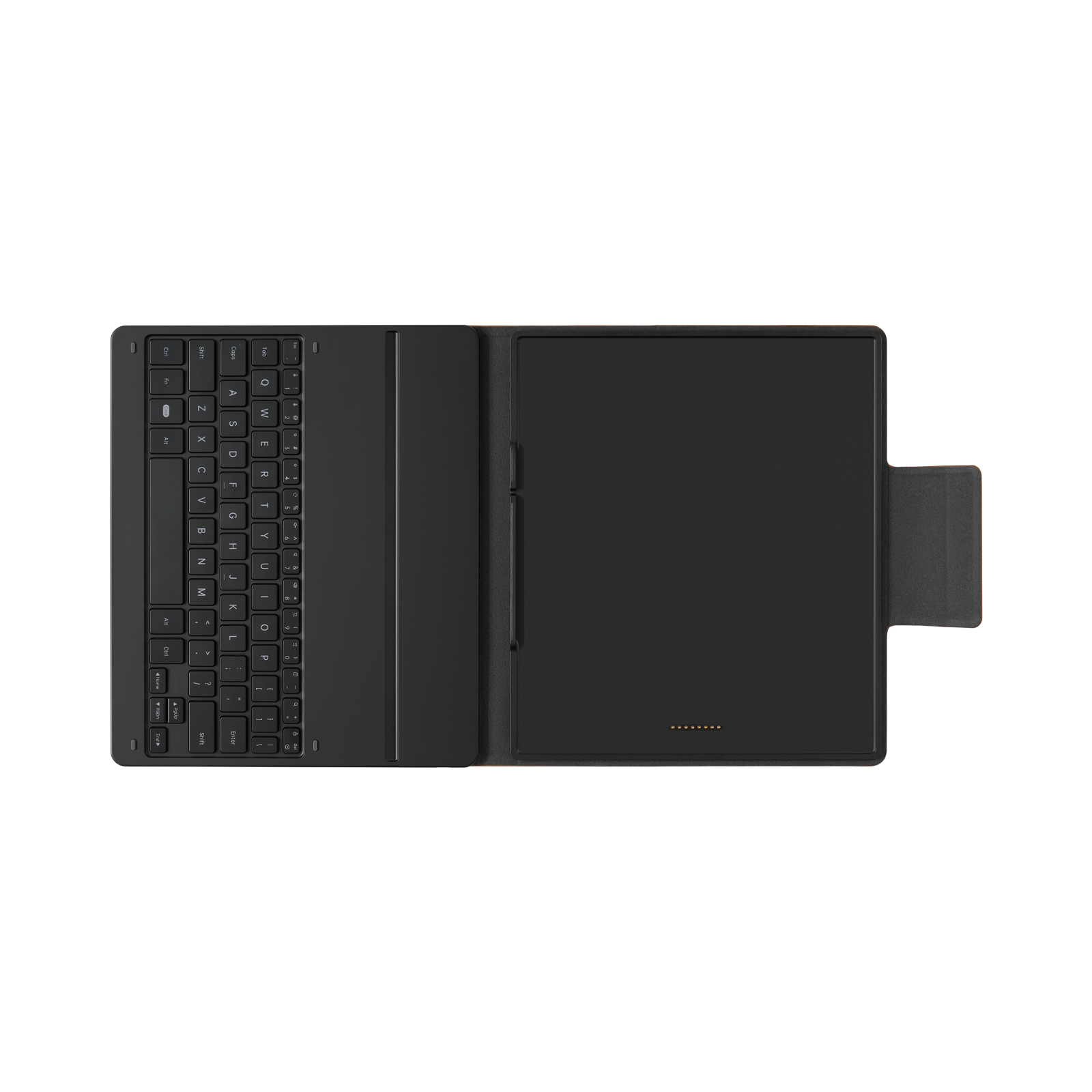 Vista superior de una funda de tablet negra con teclado integrado y soporte para lápiz sobre fondo claro.