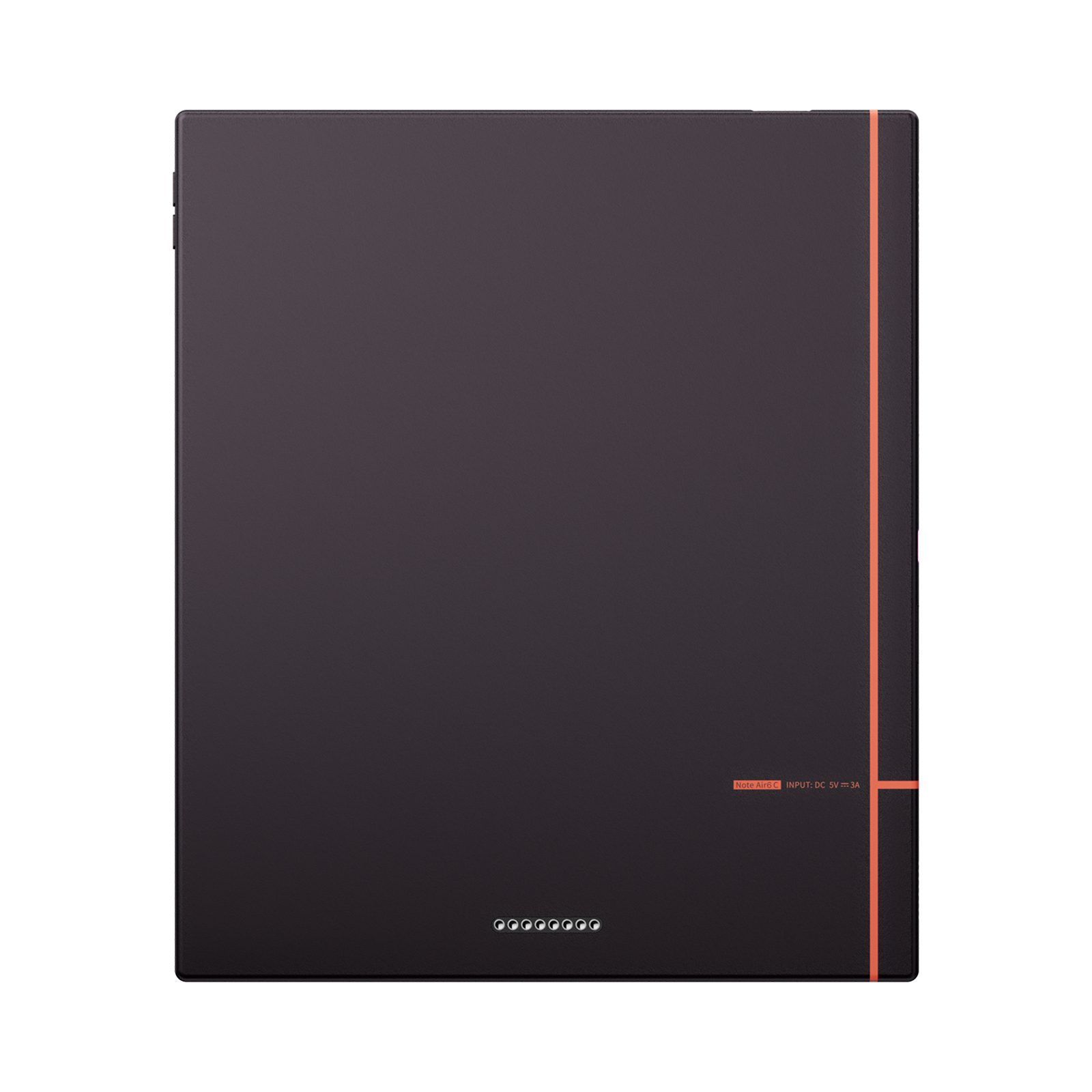 Ein schwarzes elektronisches Tablet mit einem orangen vertikalen Streifen und Text auf der Rückseite.