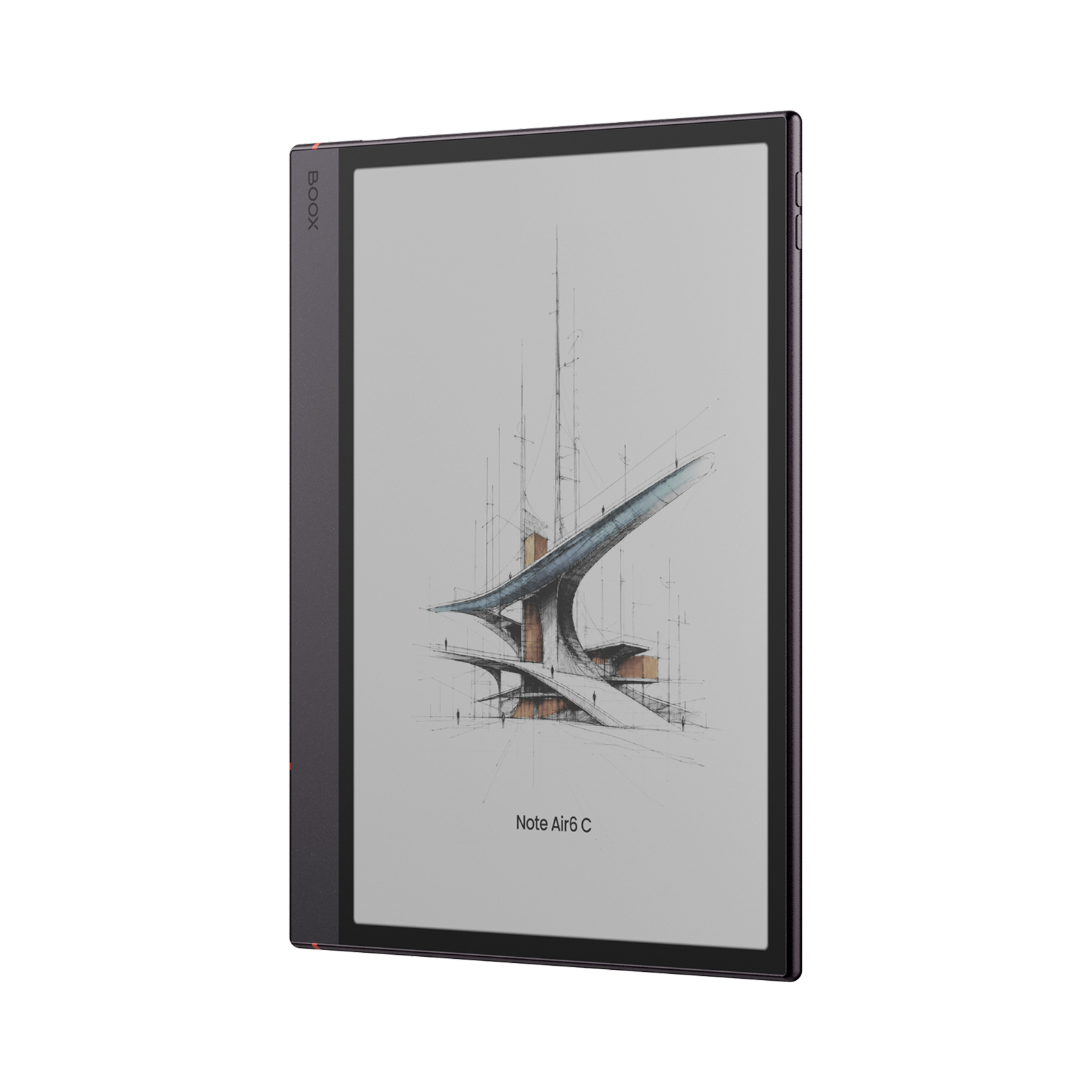 Ein schwarzes Tablet zeigt auf dem Bildschirm eine Architekturskizze und den Text Note Air6 C.