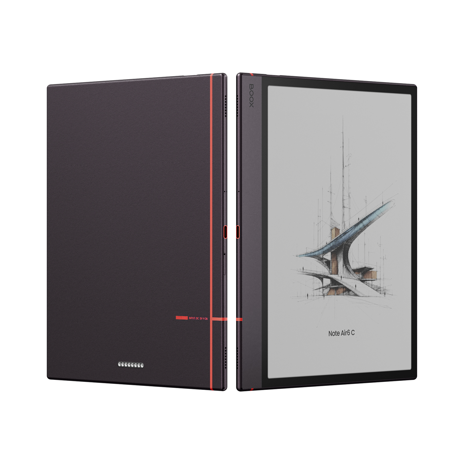 Zwei Ansichten eines schwarzen Boox Note Air6 C Tablets mit rotem Streifen und Architekturskizze auf dem Bildschirm.
