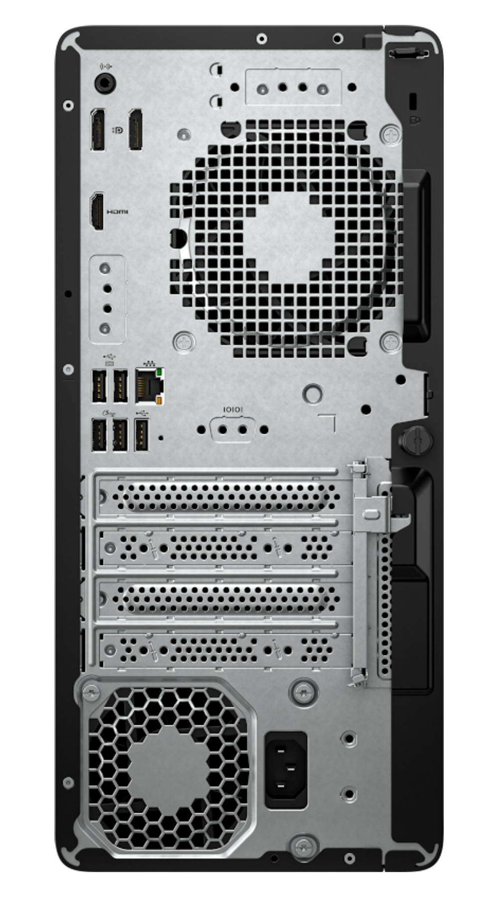 Vista posteriore di un computer desktop con griglie di ventilazione, porte USB, DisplayPort, HDMI, porta Ethernet e alimentatore.
