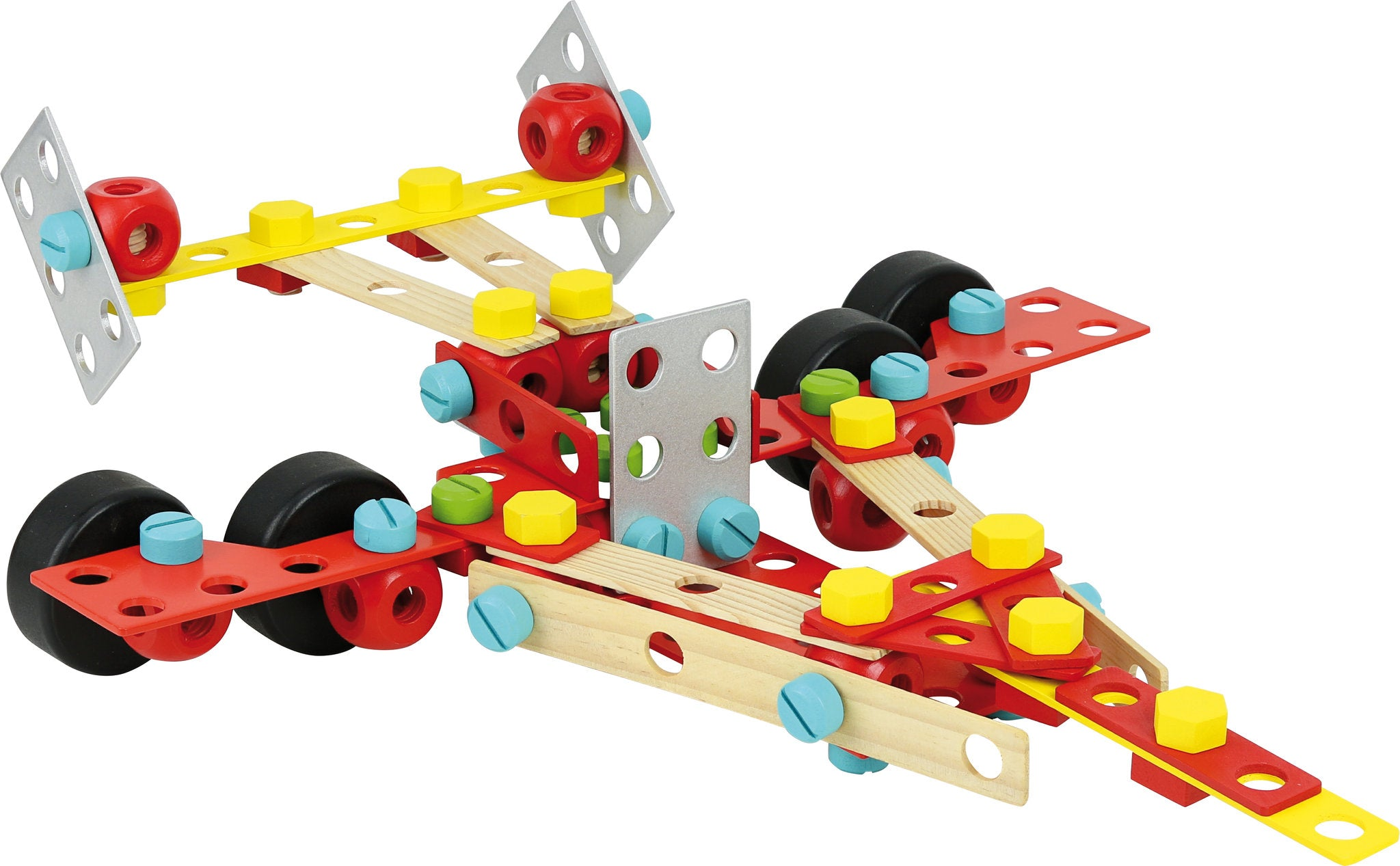 Ein buntes Holzkonstruktionsspielzeug geformt wie ein Auto, mit roten, gelben und blauen Teilen.
