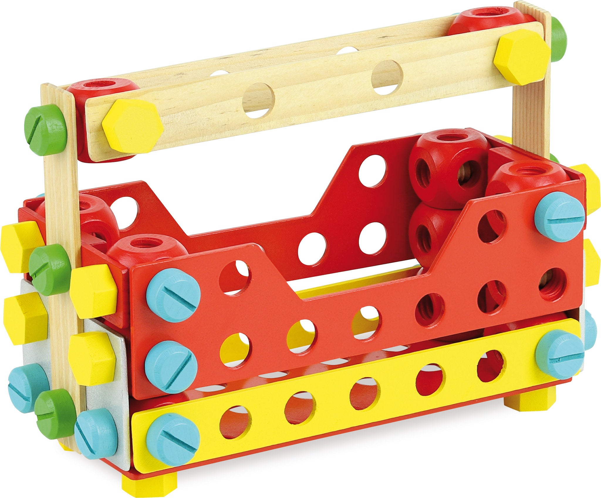 Ein hölzernes Konstruktionsspielzeug mit roten, gelben und blauen Teilen, verbunden mit bunten Schrauben.