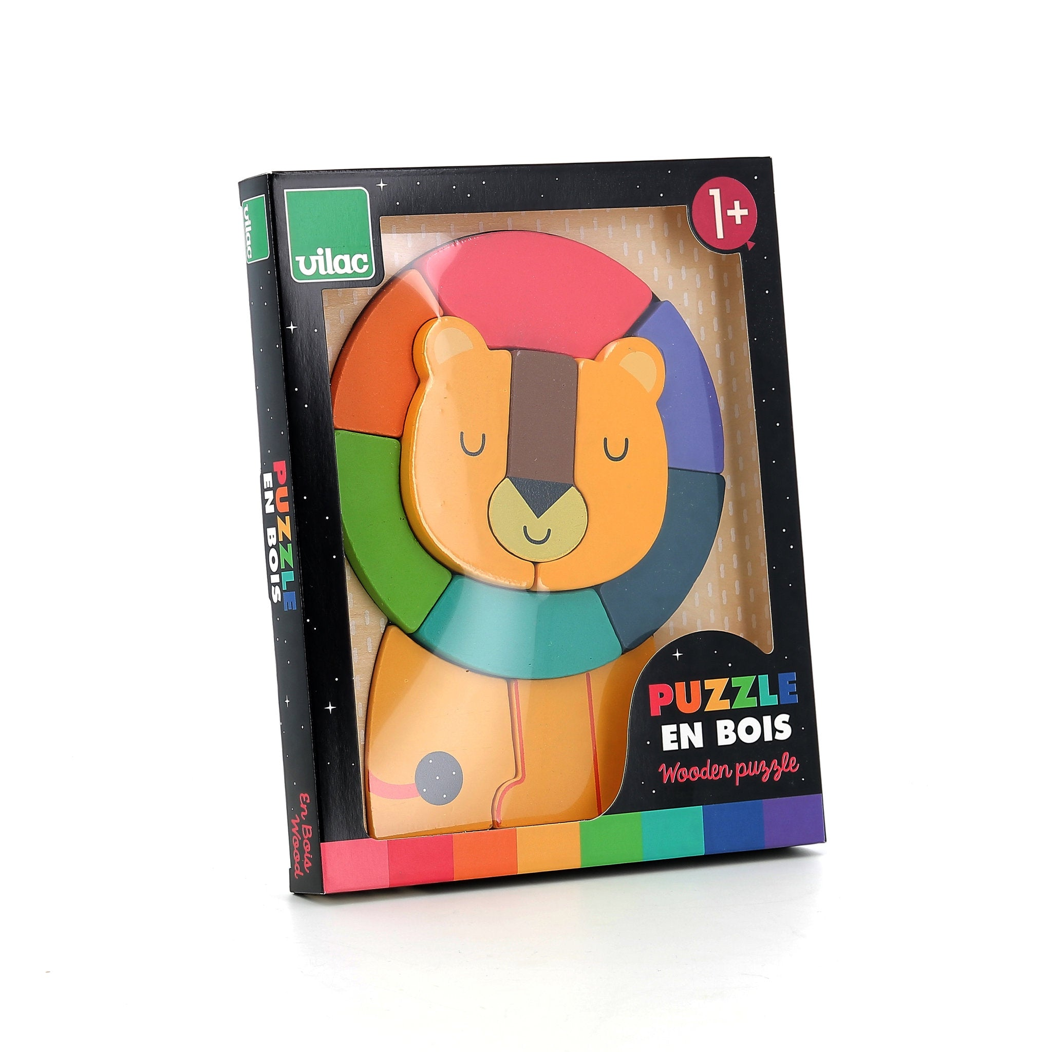 Buntes Holzpuzzle in Löwenform im geschlossenen Karton.
