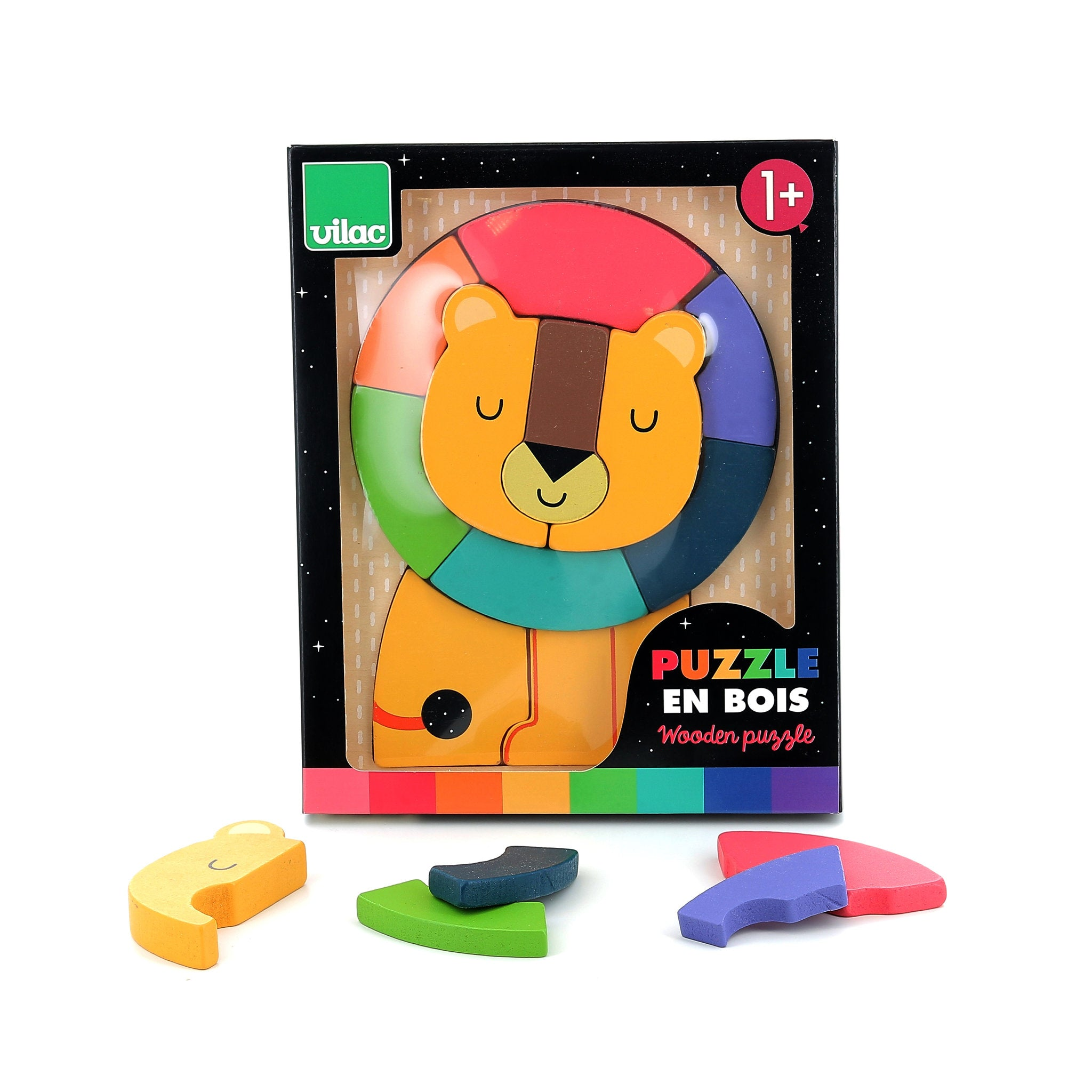 Buntes Holzpuzzle in Löwenform von Vilac in der Box, einige Teile liegen davor.