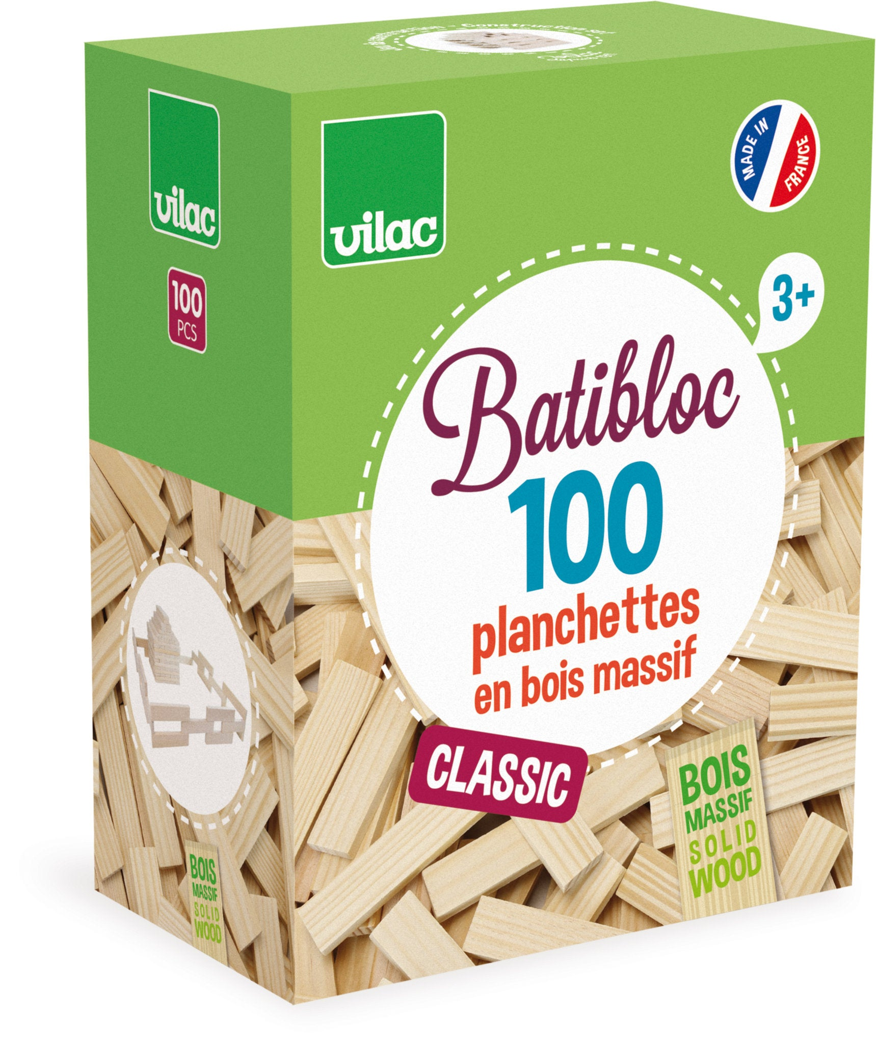 Grüne Vilac Batibloc Spielzeugkiste mit 100 Massivholzplättchen.