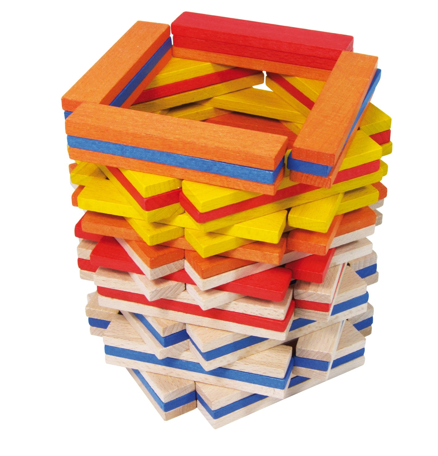 Ein zylindrischer Turm aus bunten Holzteilen in Rot, Gelb, Blau und Naturholz.