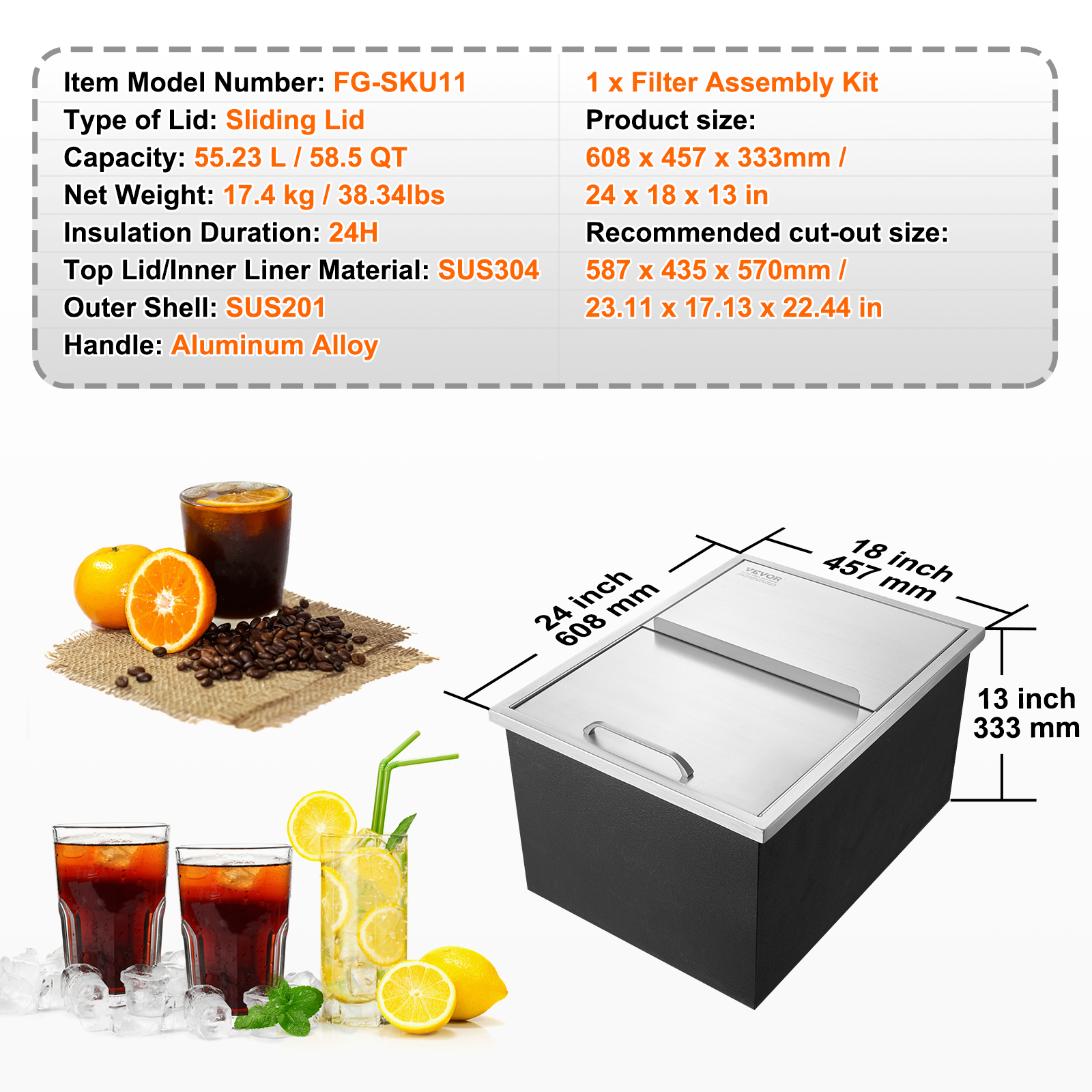 Especificaciones técnicas y dimensiones de una hielera de acero inoxidable junto a bebidas frías.