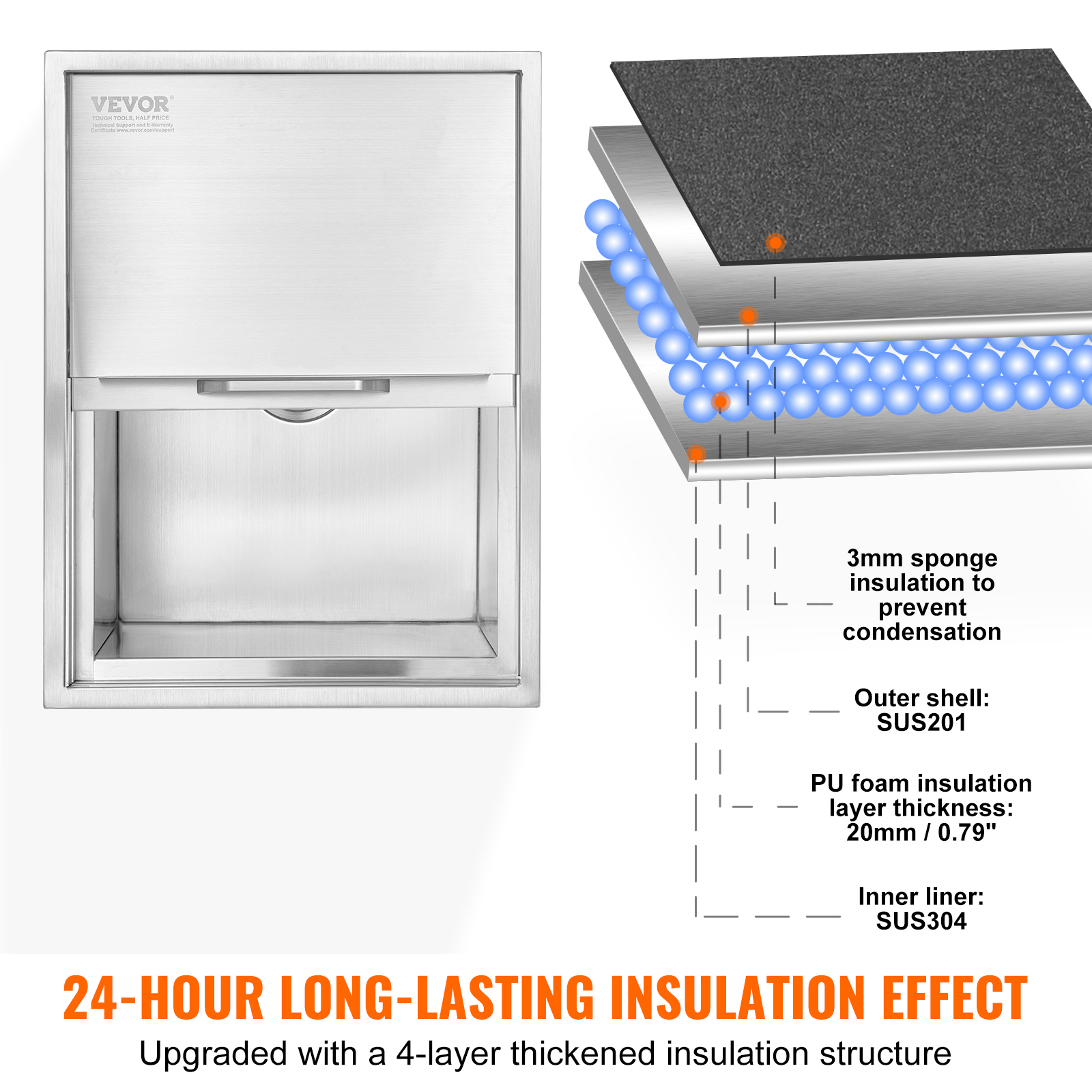 Cajón de acero inoxidable con estructura de aislamiento de cuatro capas para retención de temperatura.