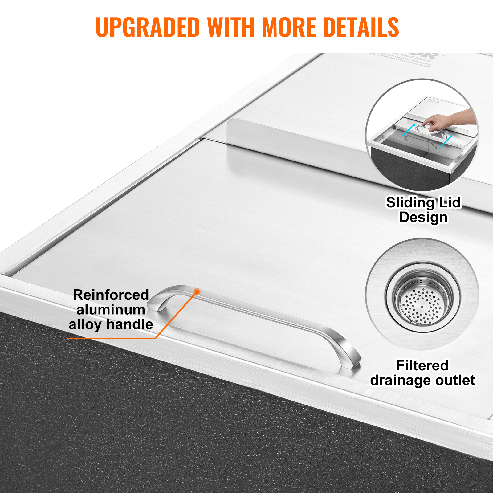 Nevera de acero inoxidable con tapa deslizante, asa de aluminio y desagüe integrado.