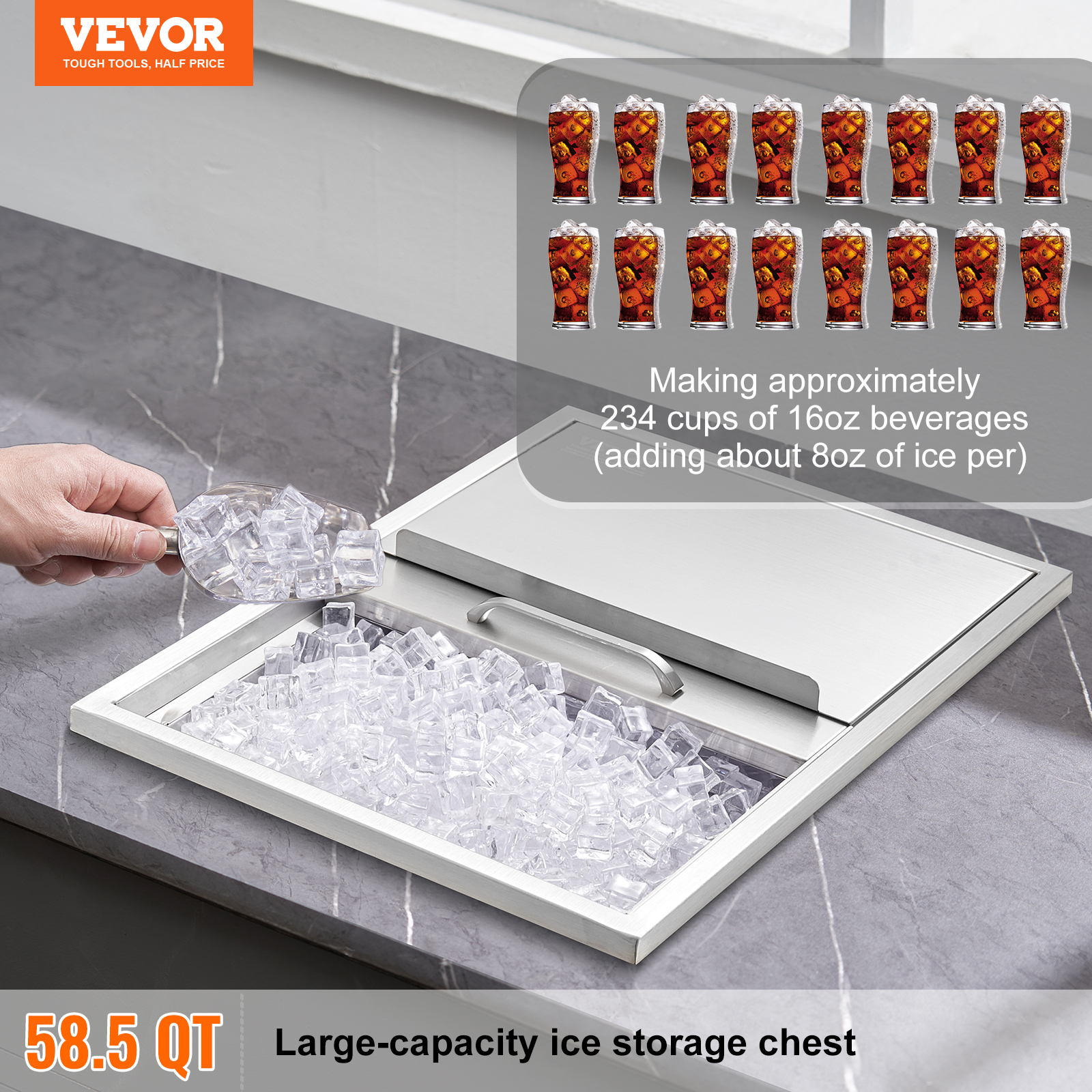 Contenedor de hielo de acero inoxidable con pala y gráfico de cubos de hielo.