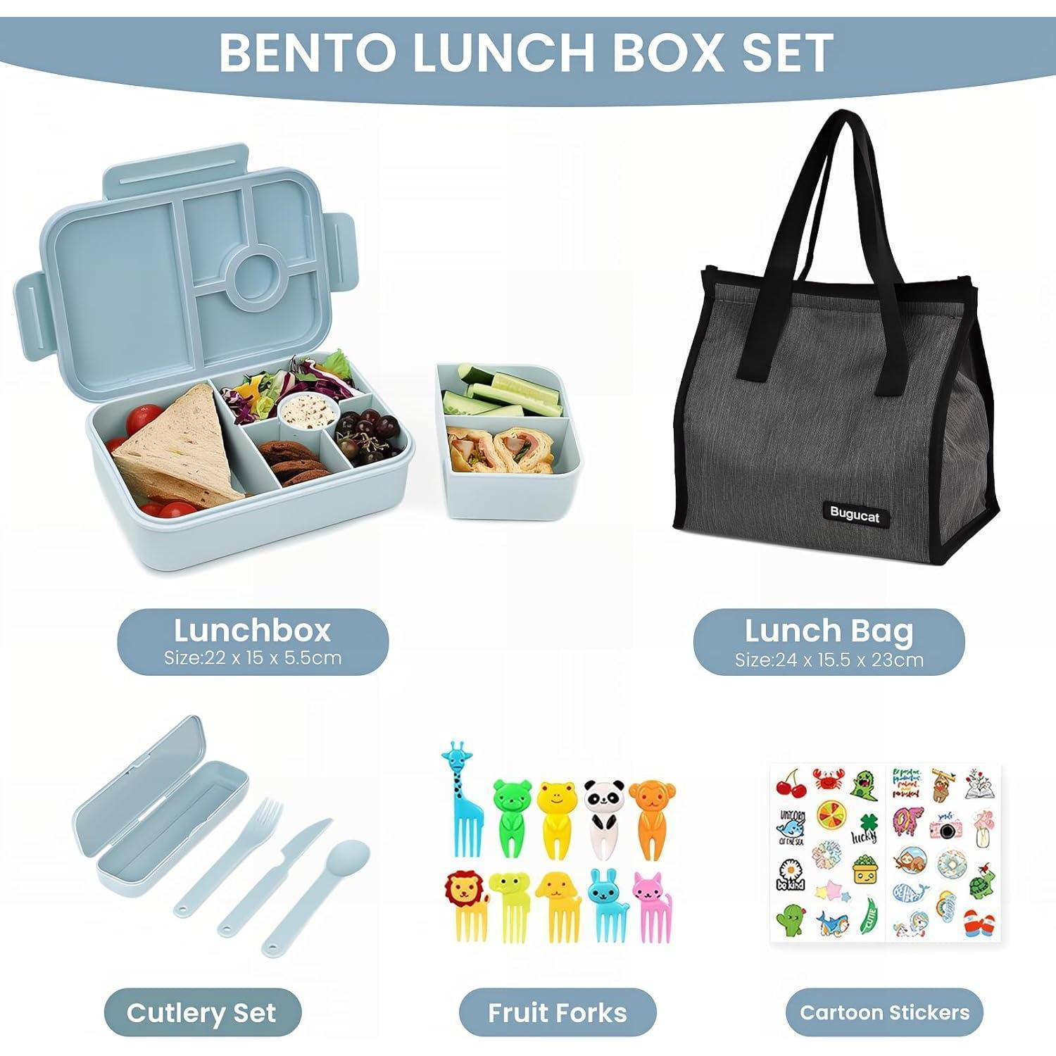 Set porta pranzo bento con scatola blu, borsa, posate, forchette per frutta e adesivi.