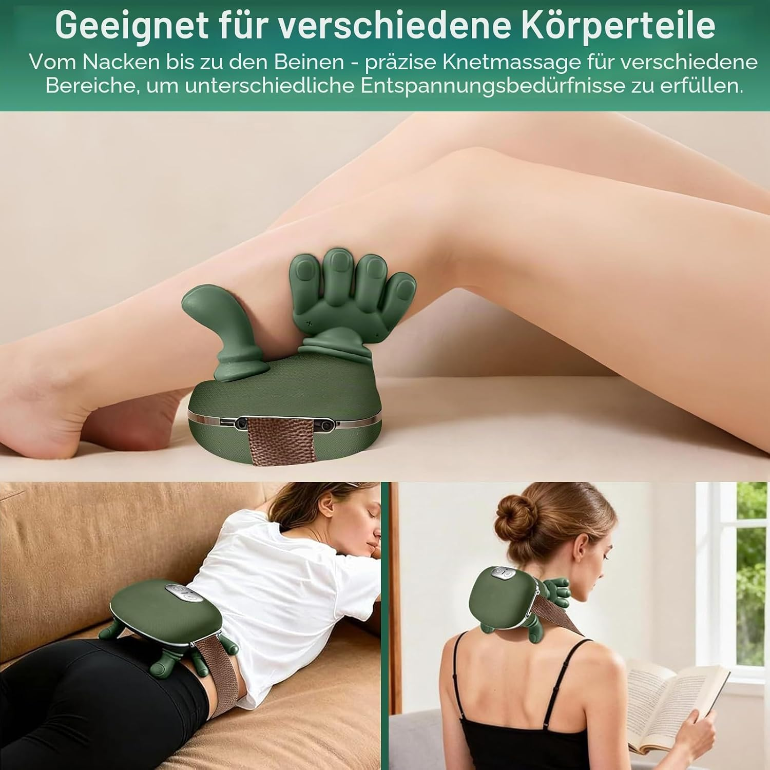 Ein grünes Handmassagegerät an Beinen, unterem Rücken und Nacken, mit deutschem Werbetext oben.