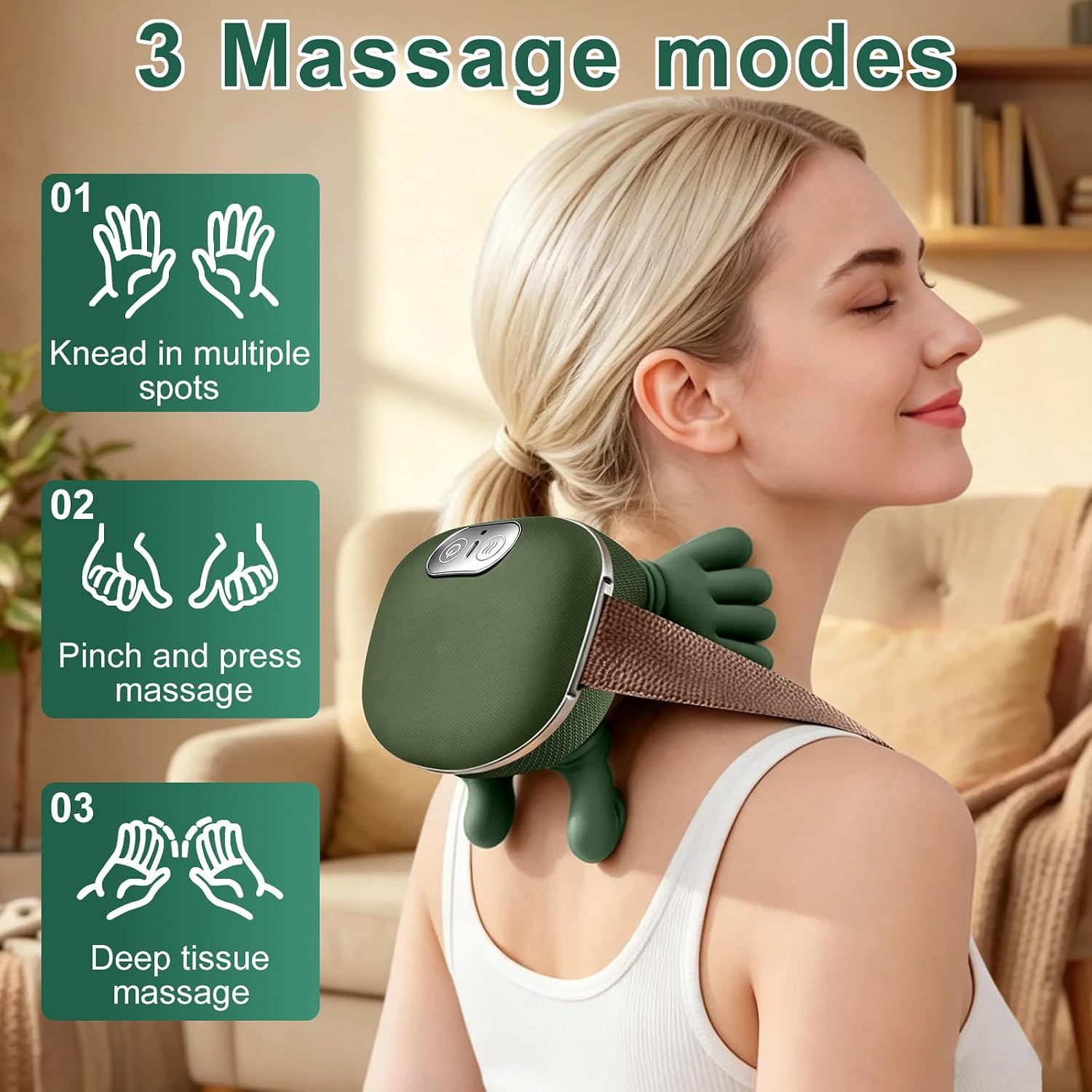 Eine Frau entspannt mit einem grünen Nackenmassagegerät und drei Modi auf grünen Tafeln.