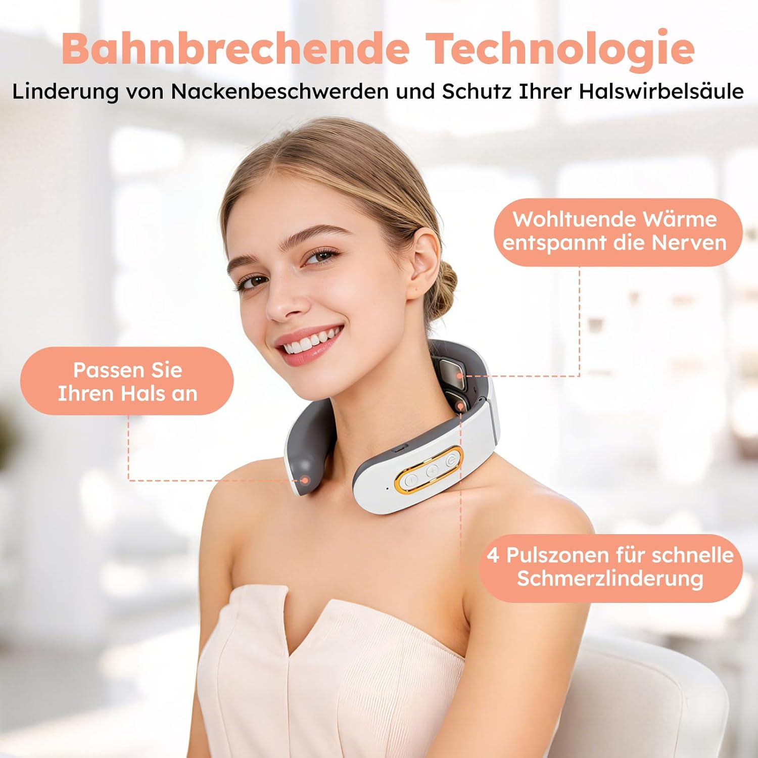Eine lächelnde Frau trägt ein weiß-graues elektronisches Nackenmassagegerät mit deutschen Werbetexten.