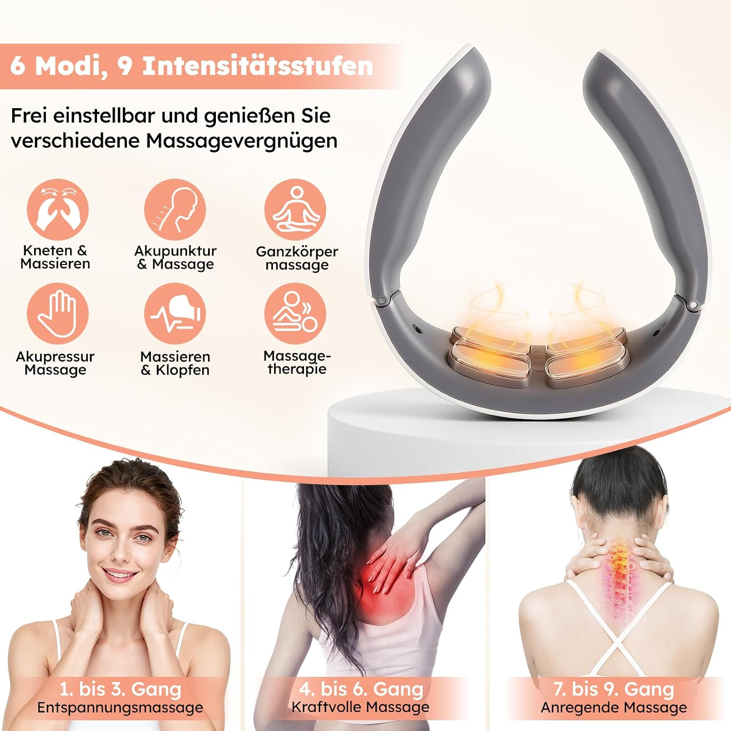 Grau-weisses Nackenmassagegeraet mit verschiedenen Modi, Symbolen und Frauen, die es anwenden.