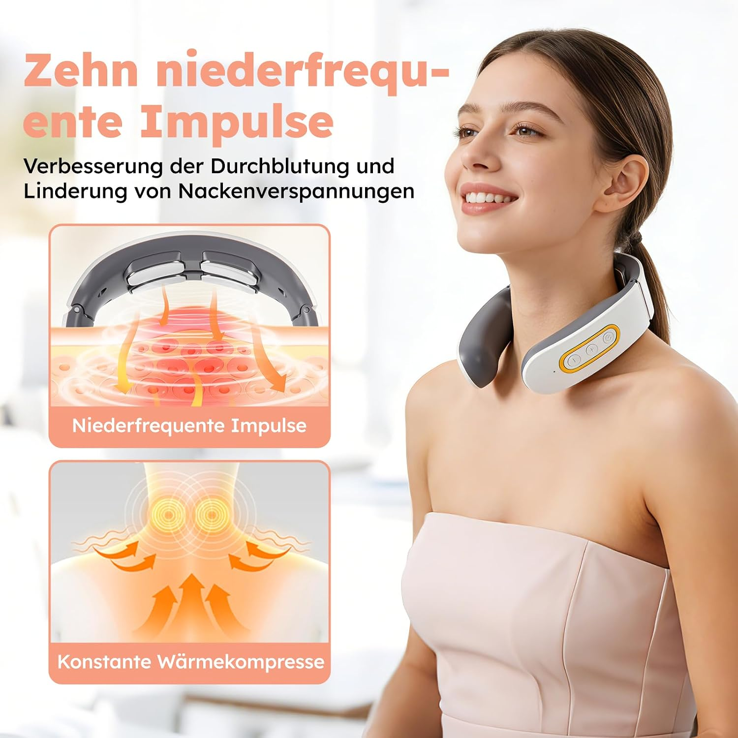 Eine lächelnde Frau trägt ein Nackenmassagegerät, mit Grafiken zu Impulsen und Wärmekompressen.