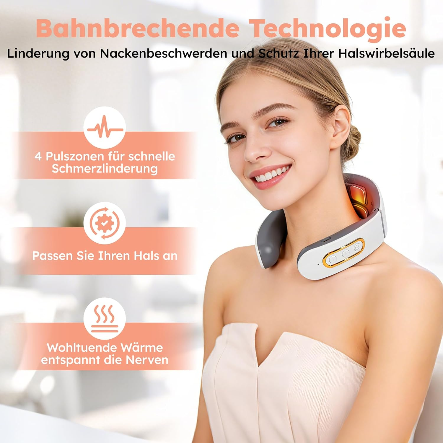 Eine lächelnde Frau trägt ein weißes Nackenmassagegerät mit Wärmefunktion.