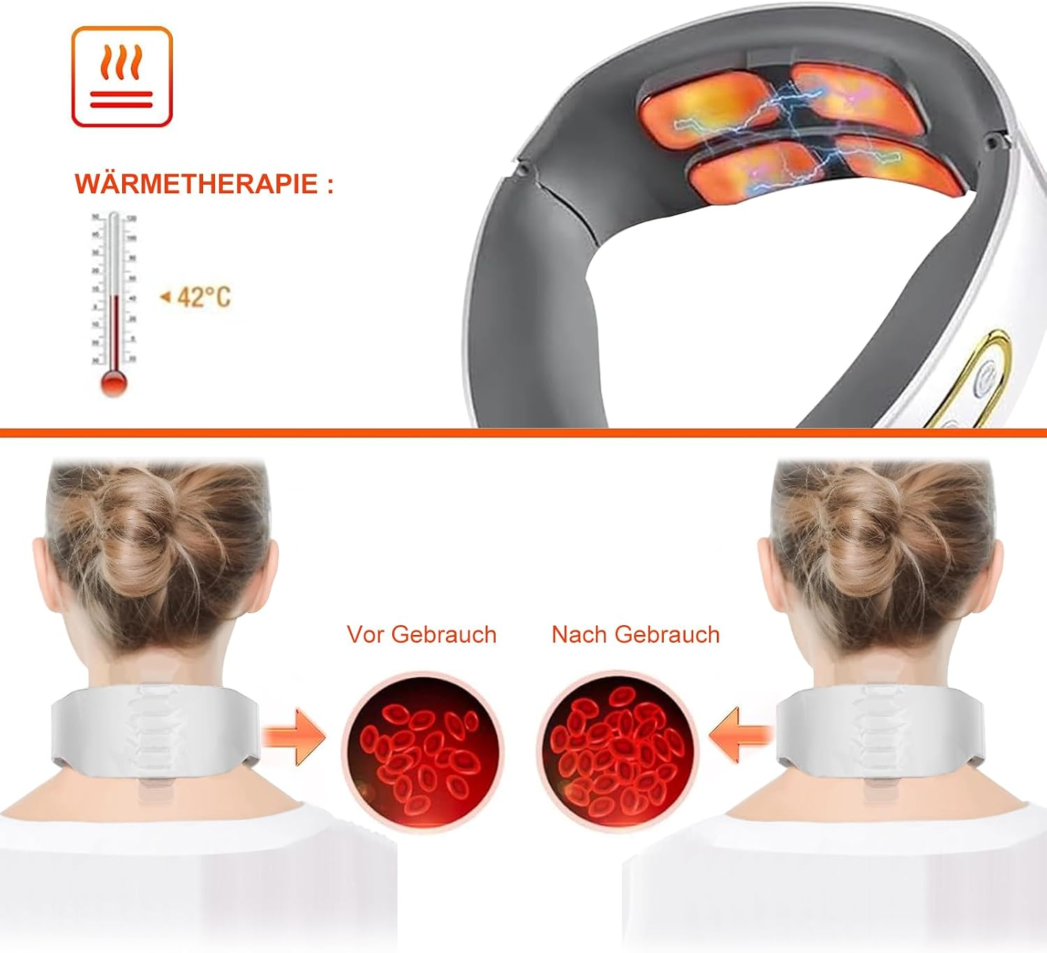 Nackenmassagegerät mit Wärmetherapie bei 42 Grad zeigt verbesserte Blutzirkulation.