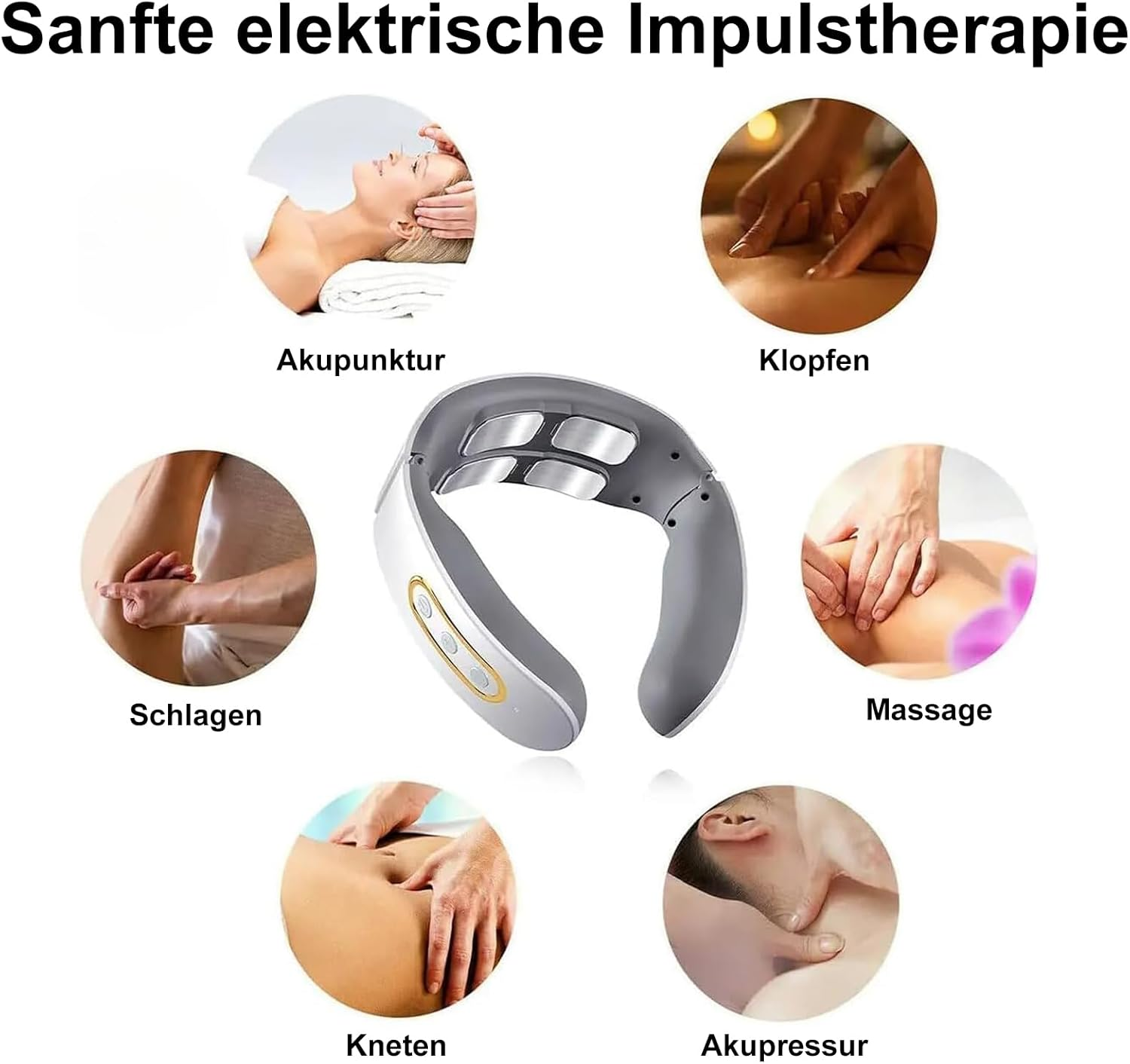 Ein graues Nackemassagegerät mit sechs kreisenden Bildern verschiedener Therapiemethoden.