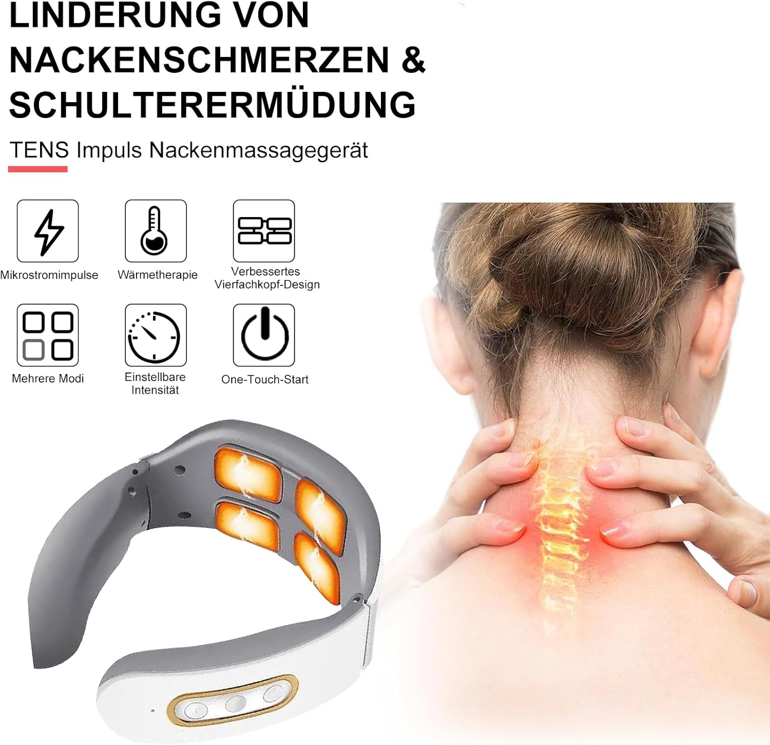 Ein TENS Nackenmassagegerat mit vier Kpfen und Grafik zur Nackenschmerzlinderung.