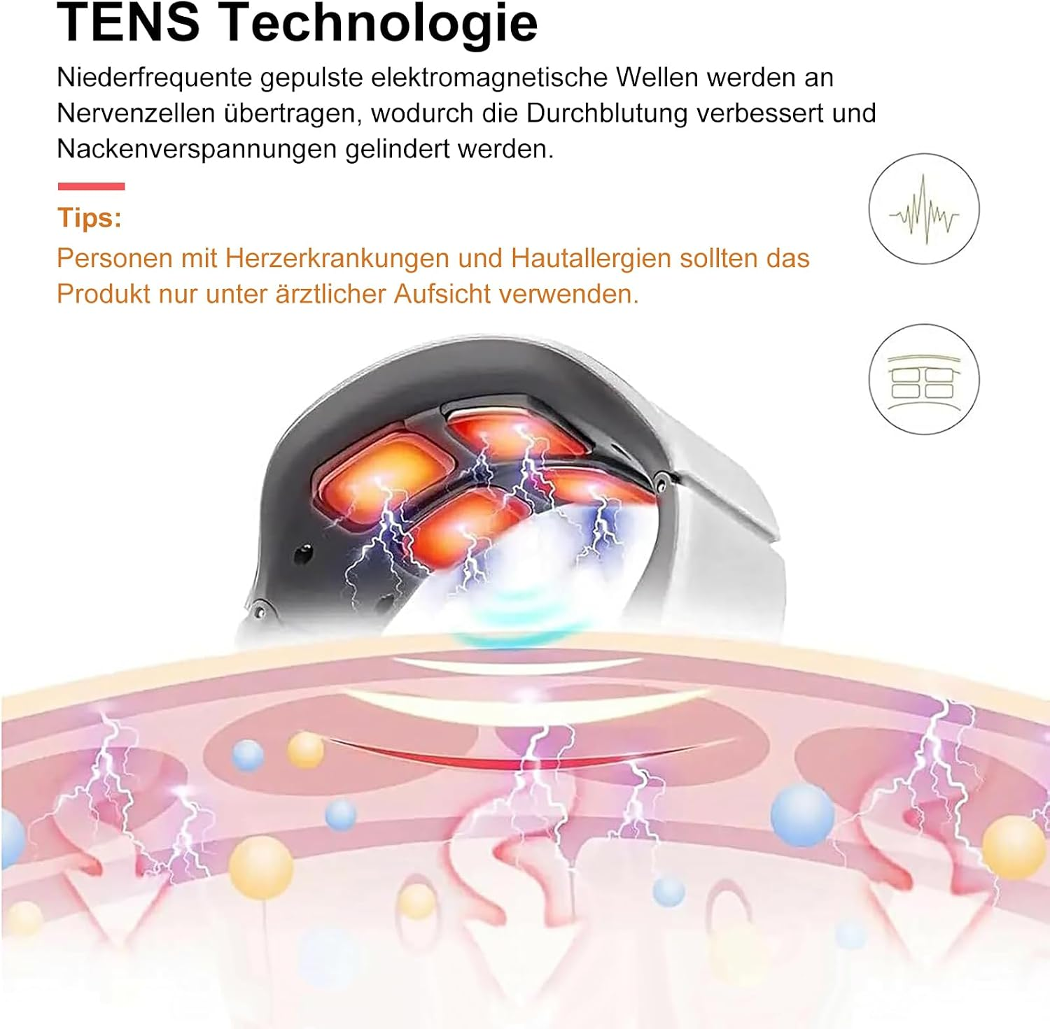 Diagramm erklärt TENS-Technologie zur Schmerzlinderung durch elektromagnetische Wellen auf der Haut.