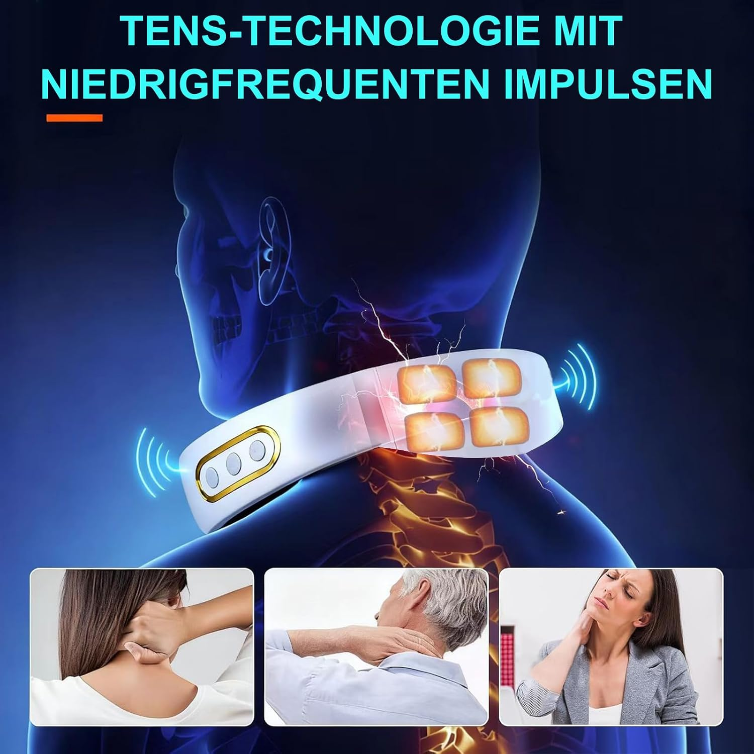 Nackenmassagegerät mit TENS-Technologie am Hals, darunter drei Bilder mit Menschen, die Nackenschmerzen zeigen.