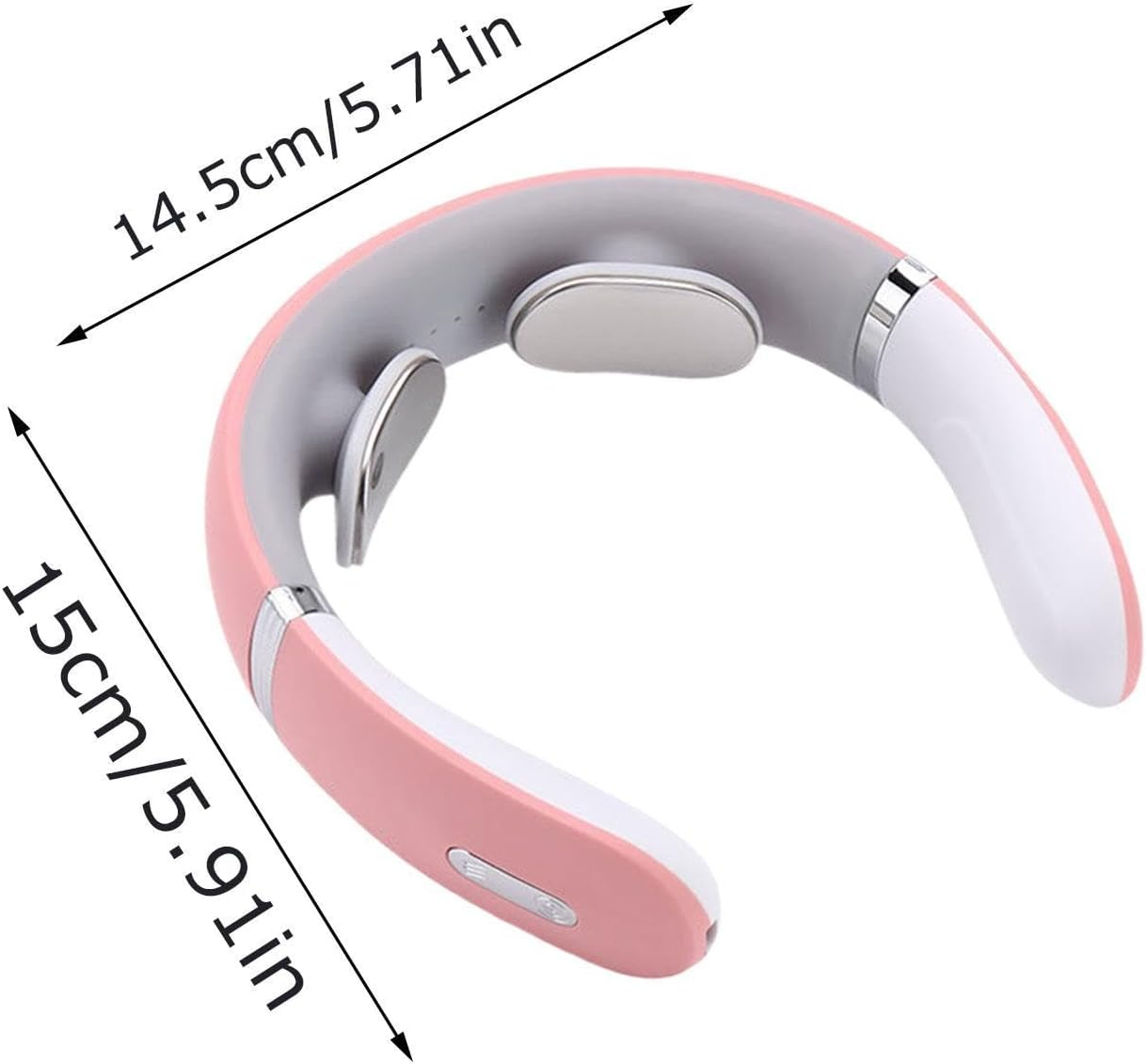 Rosa und grauer Nackenmassageapparat mit Maßen von 14,5 cm mal 15 cm auf weißem Hintergrund.