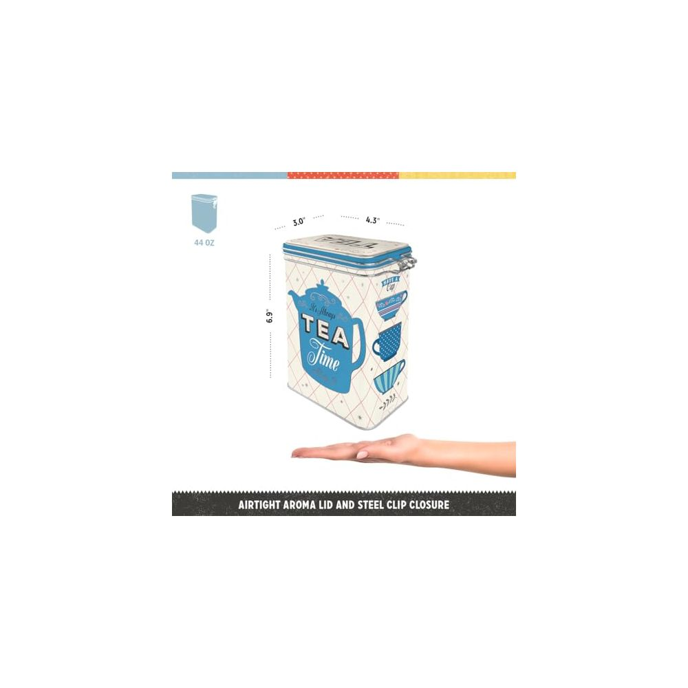 Blaue Teedose mit Messungen, Teekannenmuster und offener Handfläche unten, mit Text zur luftdichten Versiegelung.