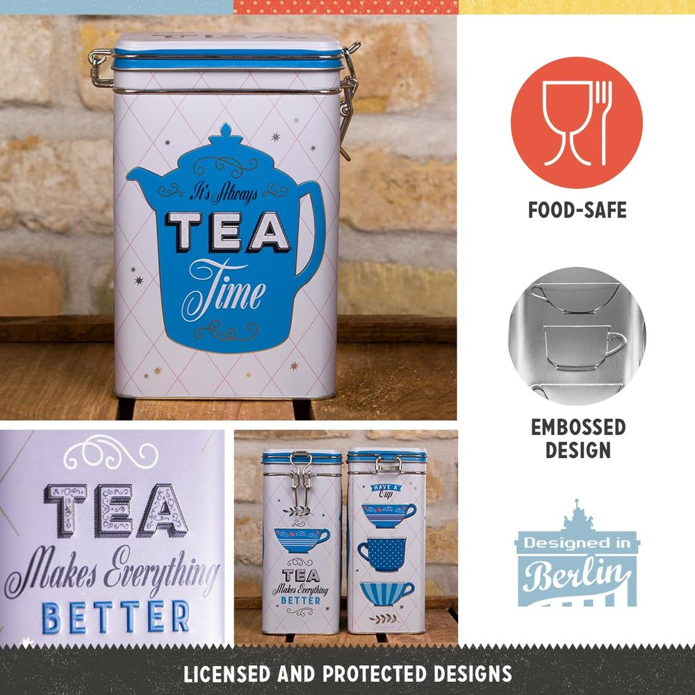 Weiße Teedose mit blauem Teekannen-Design, Aufschrift TEA Time, Lebensmittelecht, geprägtes Design, in Berlin entworfen.