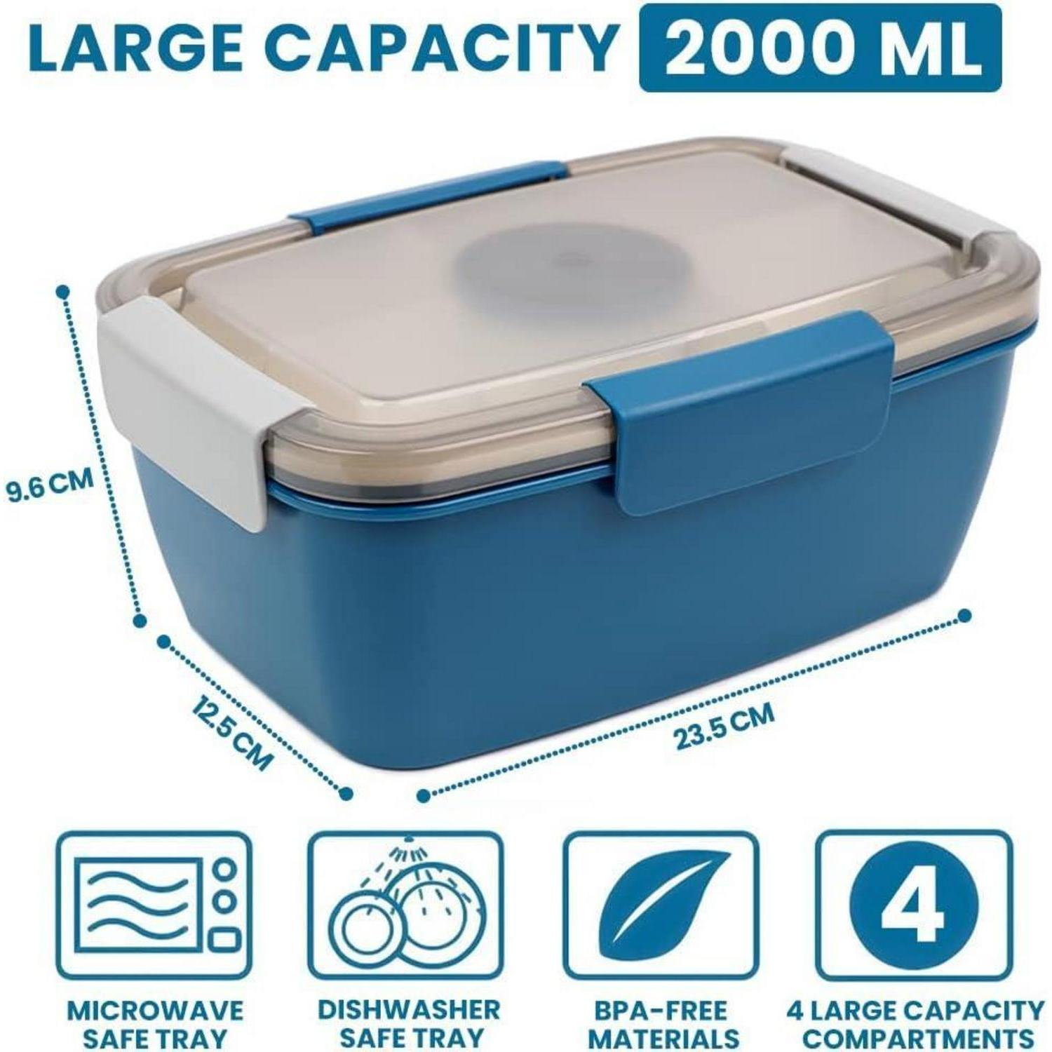 Portapiatti blu di 23,5 x 12,5 x 9,6 cm, capacità 2000 ml, con icone per microonde e lavastoviglie nella parte inferiore.