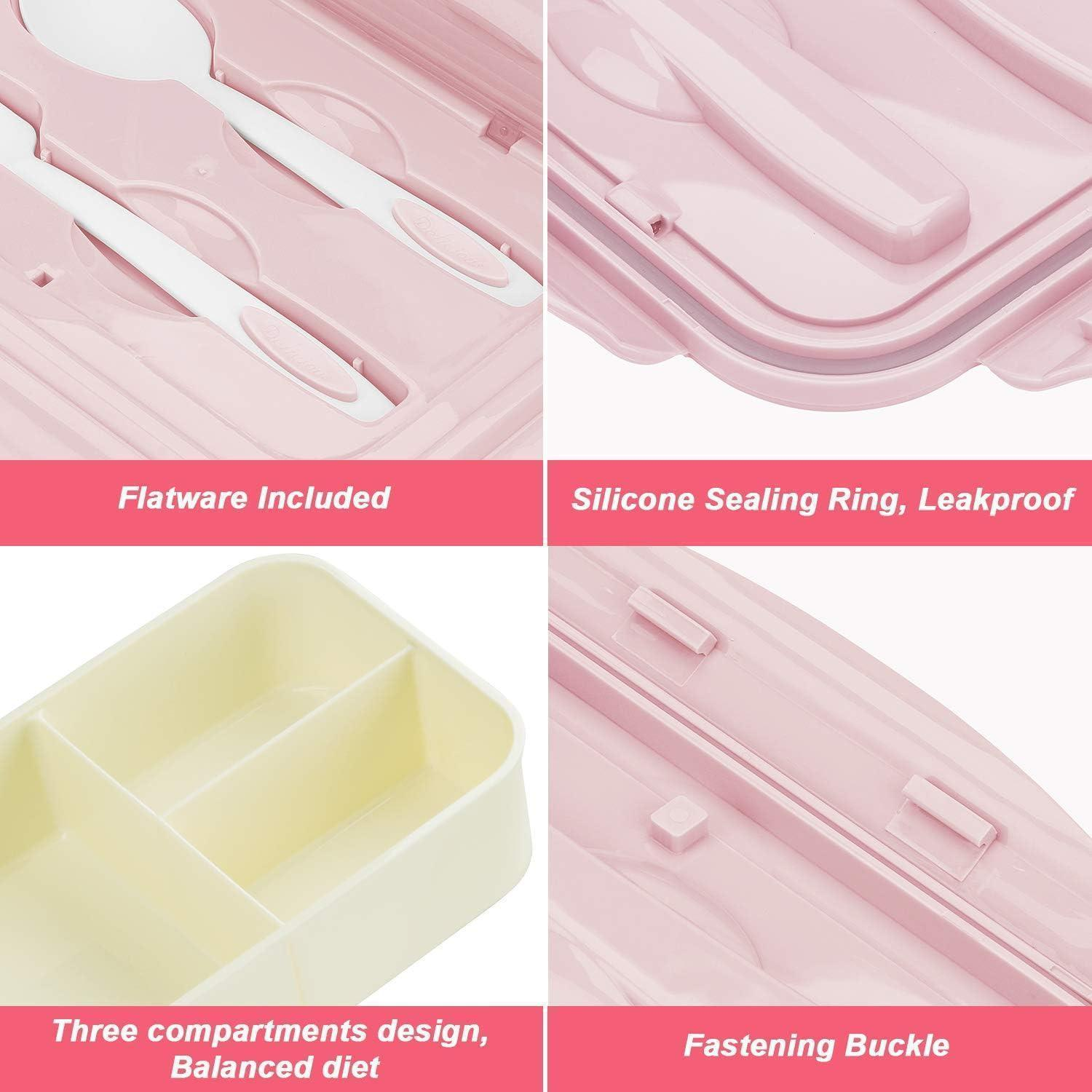 Quattro pannelli mostrano le funzioni della bento box: posate, guarnizione in silicone, tre scomparti e fibbia.