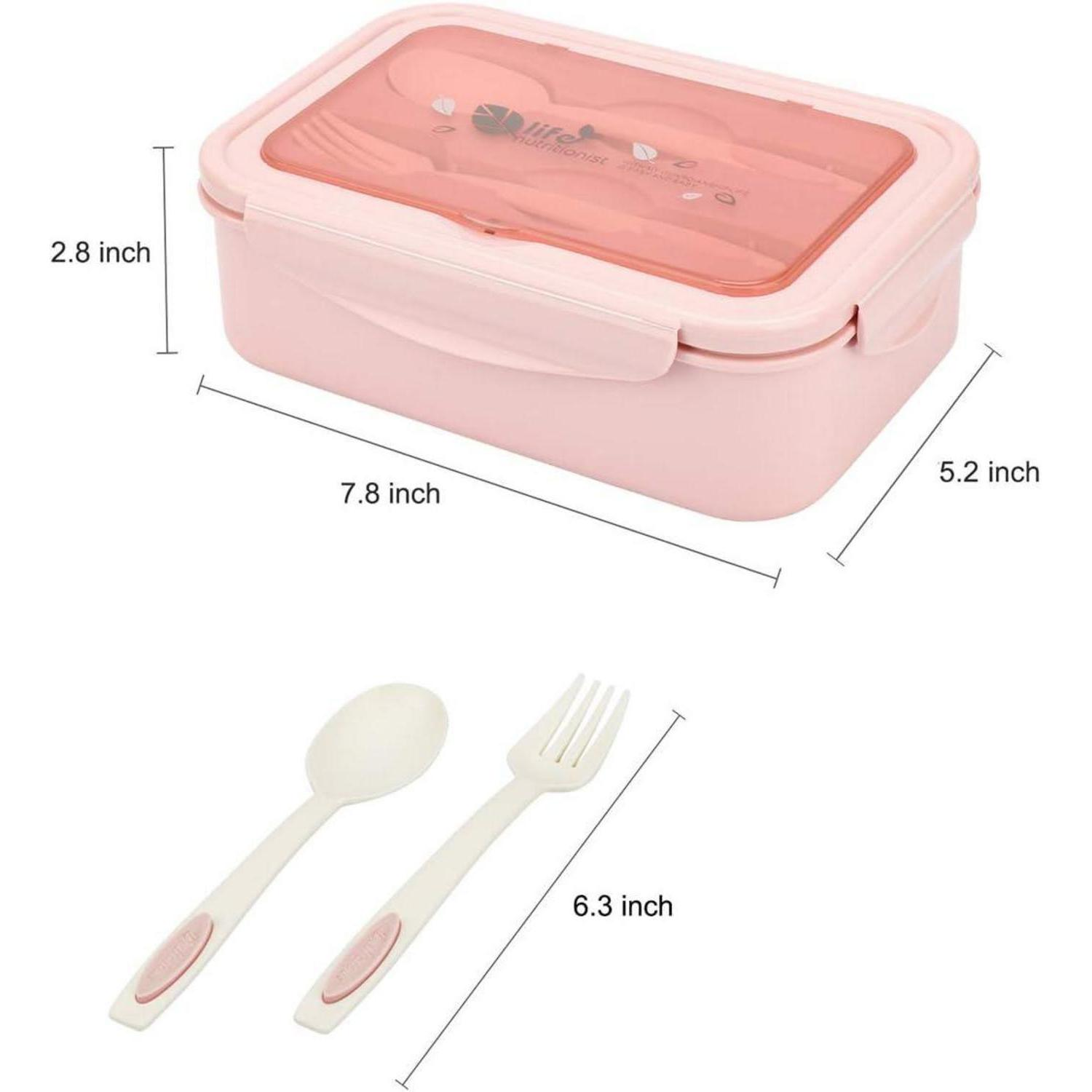 Porta pranzo rosa con posate e dimensioni su sfondo bianco.