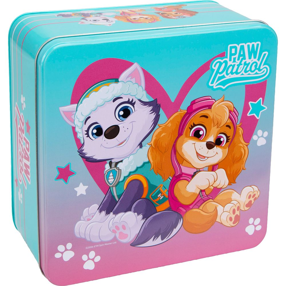 Scatola di latta blu di Paw Patrol con Everest e Skye davanti a un cuore rosa, decorata con stelle e impronte.