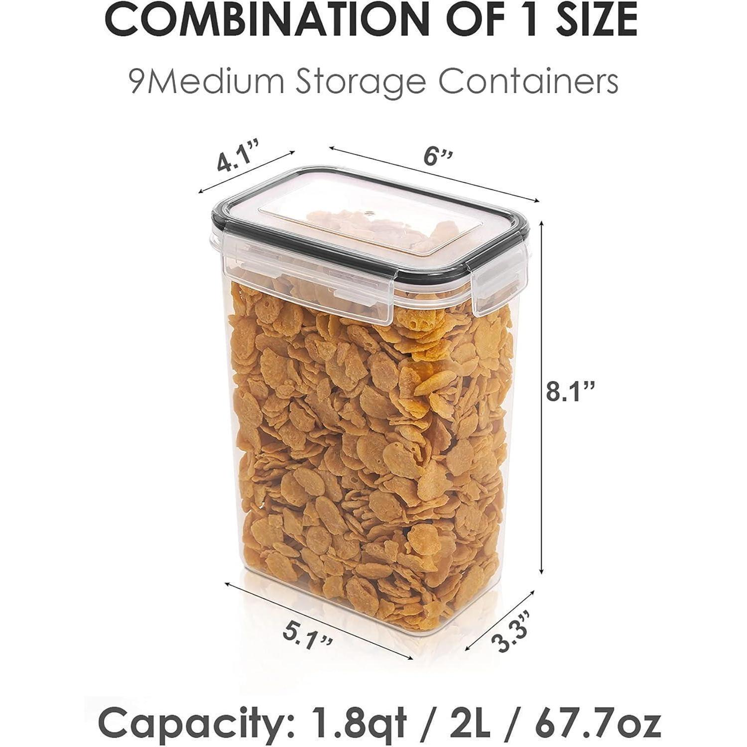 Contenitore trasparente pieno di cereali, con frecce dimensionali ed etichette di capacità.