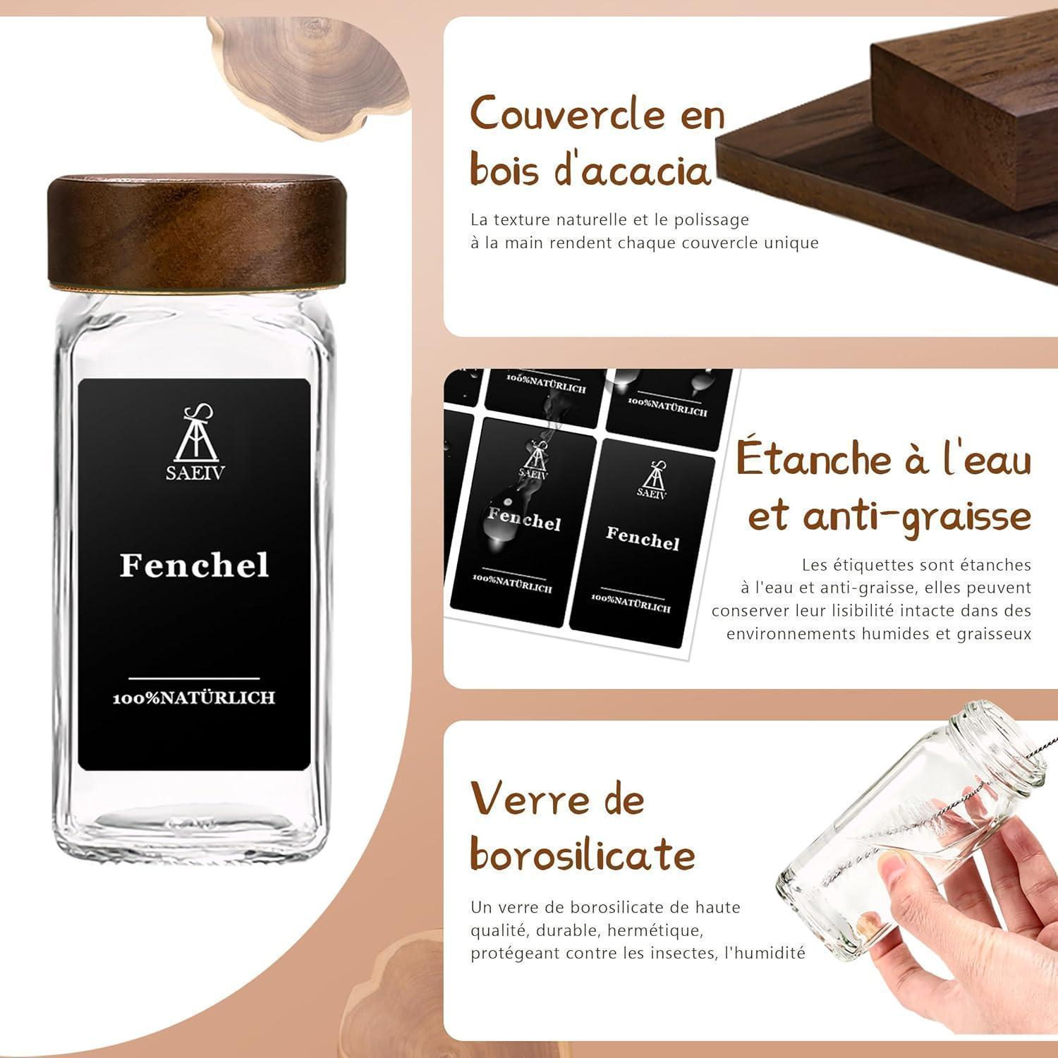Barattolo di vetro con coperchio in acacia, etichetta nera Fenchel e testo promozionale in francese.