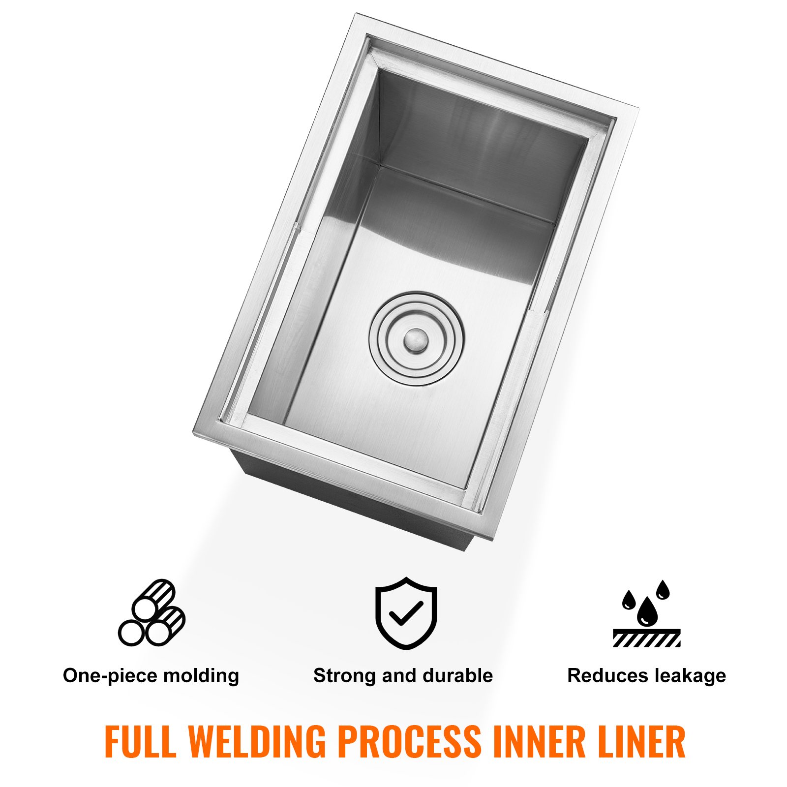 Fregadero de acero inoxidable con tres iconos de moldeado, durabilidad y reducción de fugas.