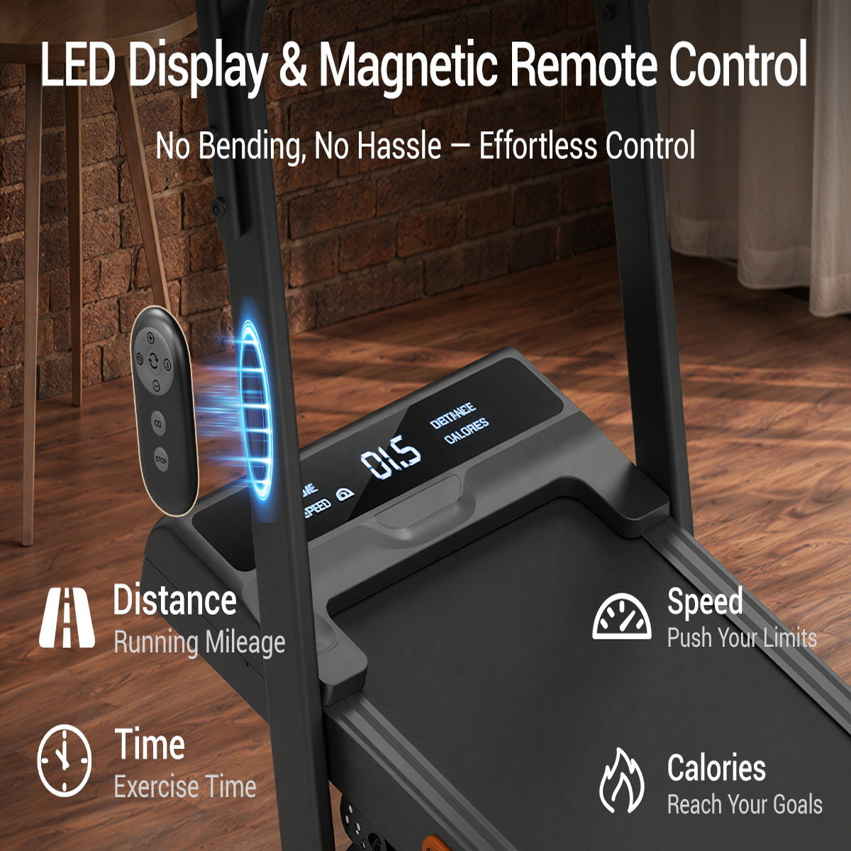 Ein Laufband verfügt über LED-Display, Magnethandbedienung und Symbole für Distanz, Geschwindigkeit, Zeit und Kalorien.