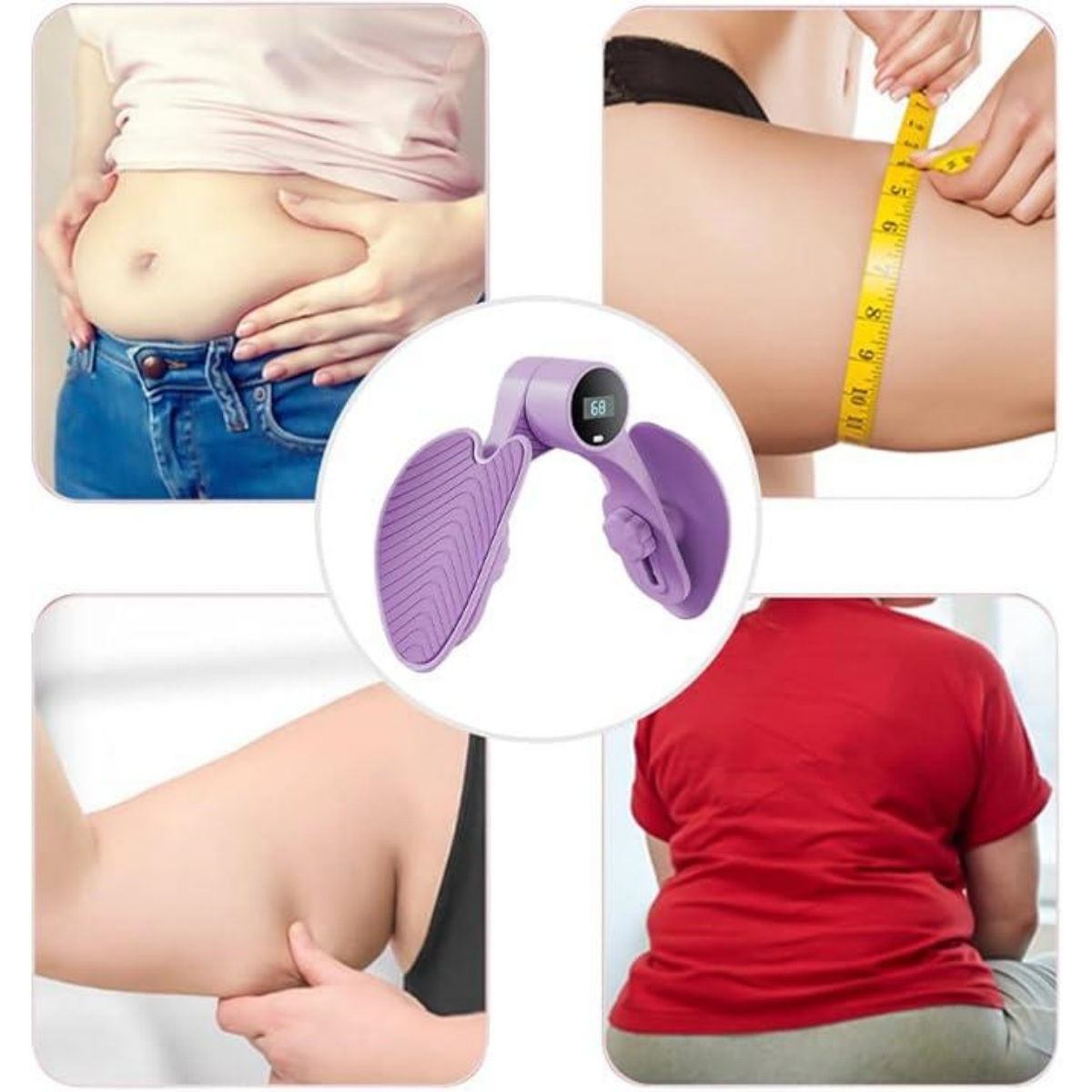 Collage mit einem violetten Übungsgerät, Körpermaßen mit Bandmaß und Körperbereichen wie Taille und Oberschenkeln.